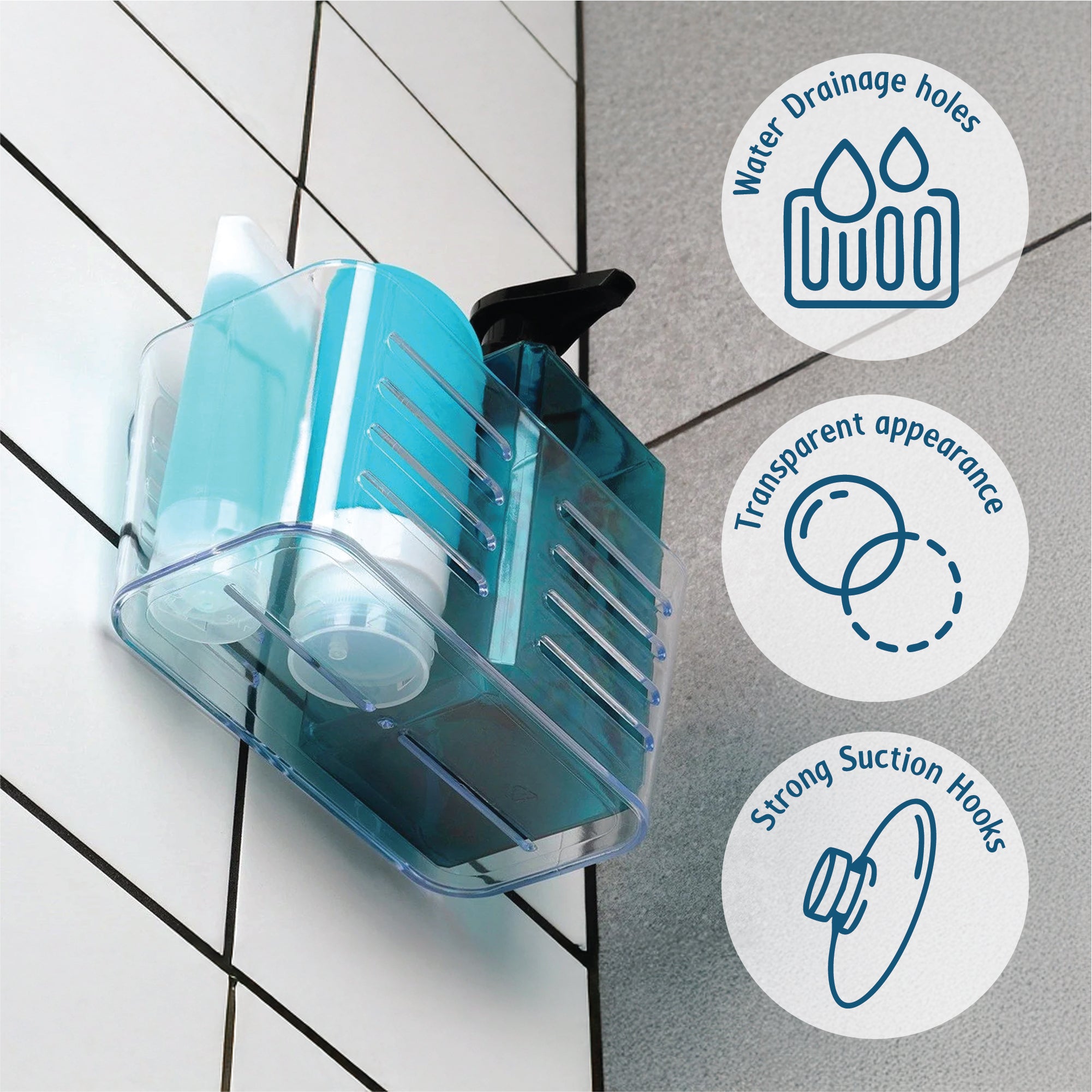 Estante de baño transparente con dos ganchos de succión