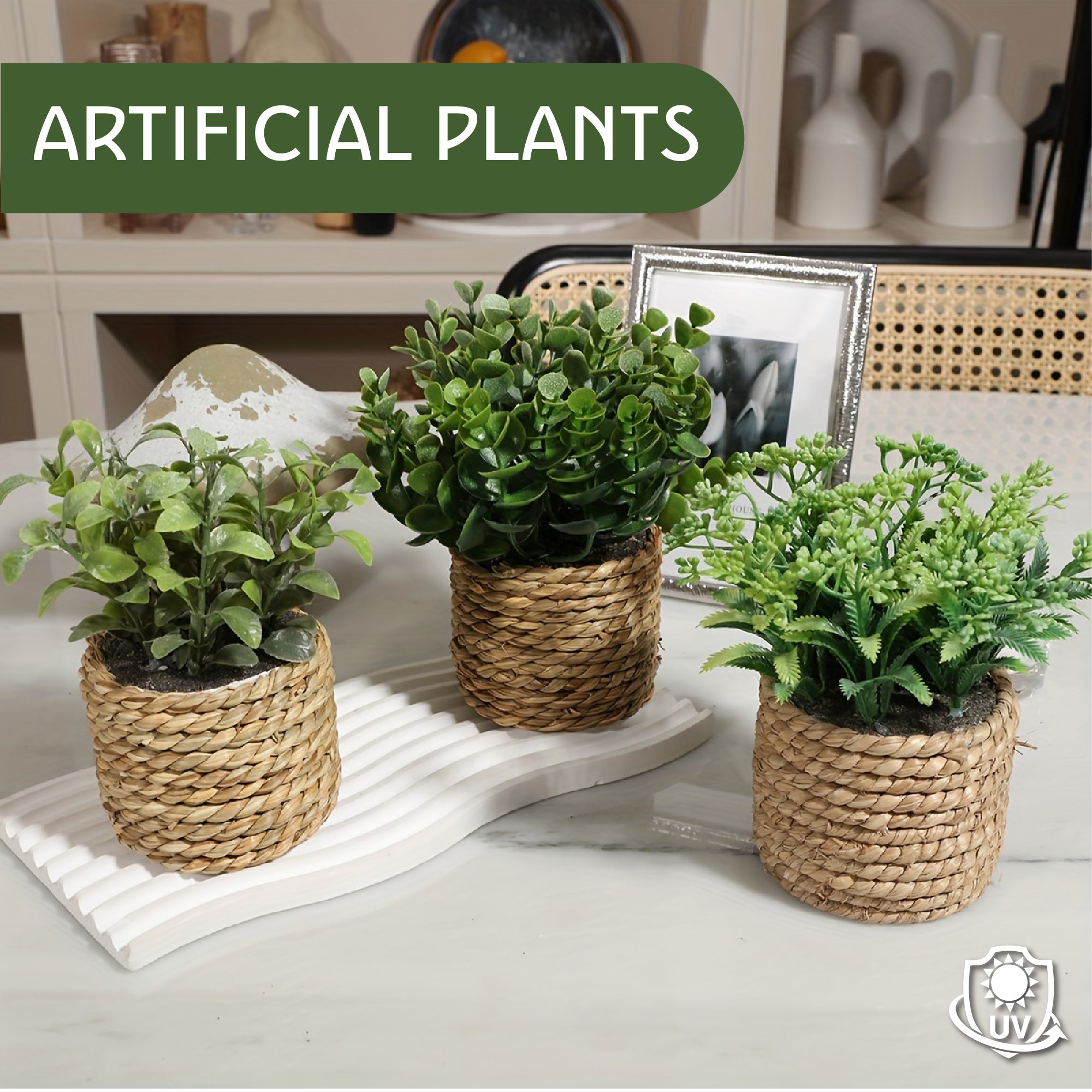 Artificial Plant in Seagrass Pot – 23cm Tall, 4 Assorted Designs
