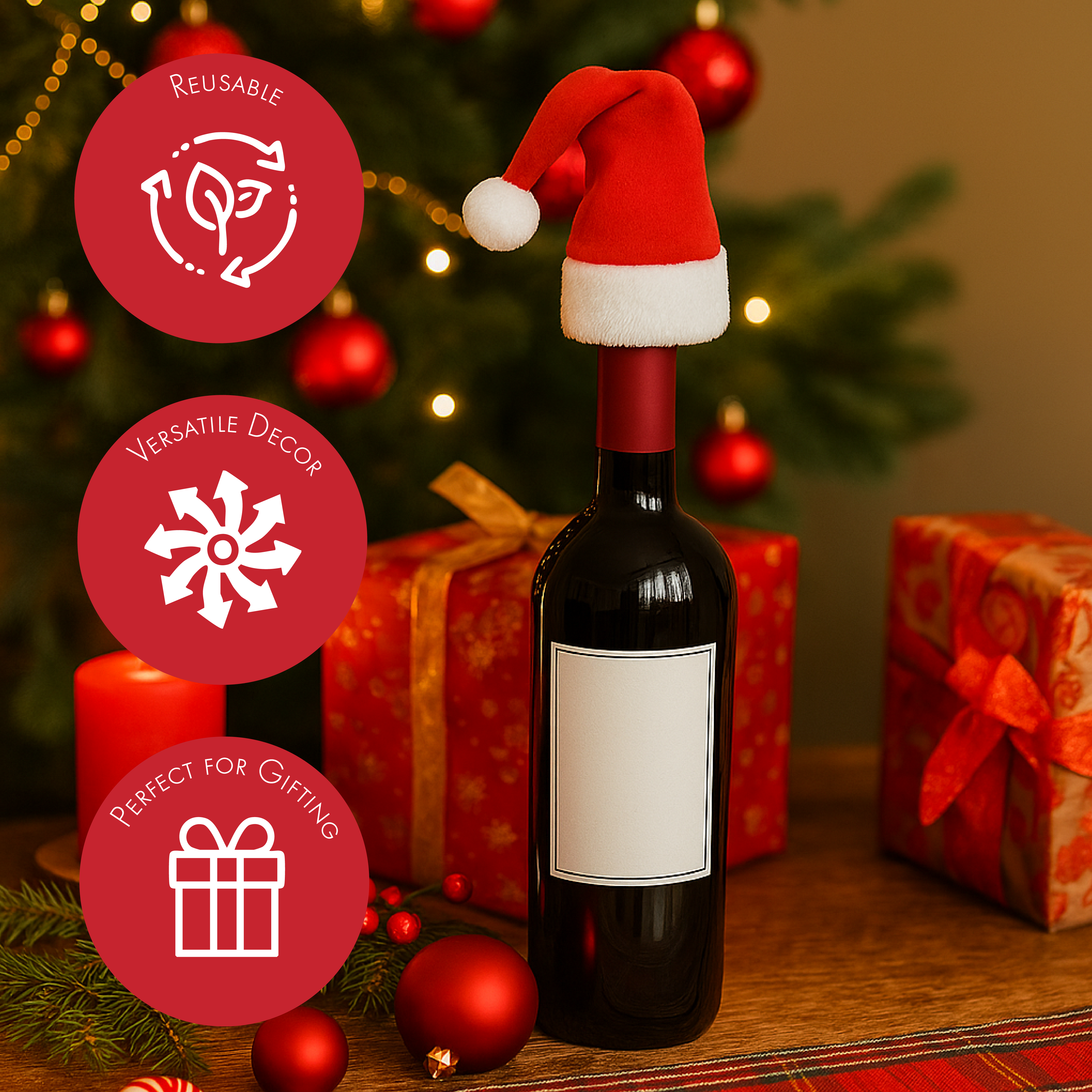 Juego de 4 fundas navideñas para botellas de vino con gorro de Papá Noel