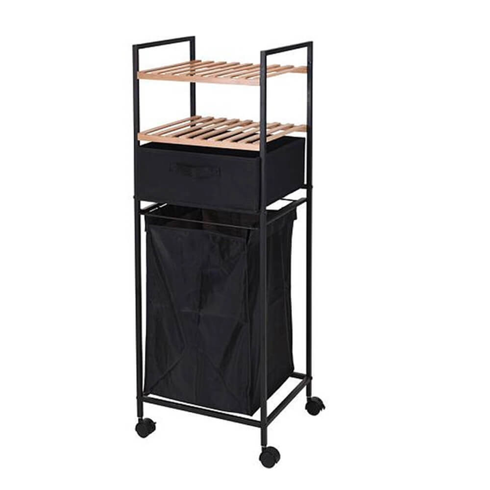 Bathroom Rack with 2 Bamboo Shelves and 40L Laundry Bag
