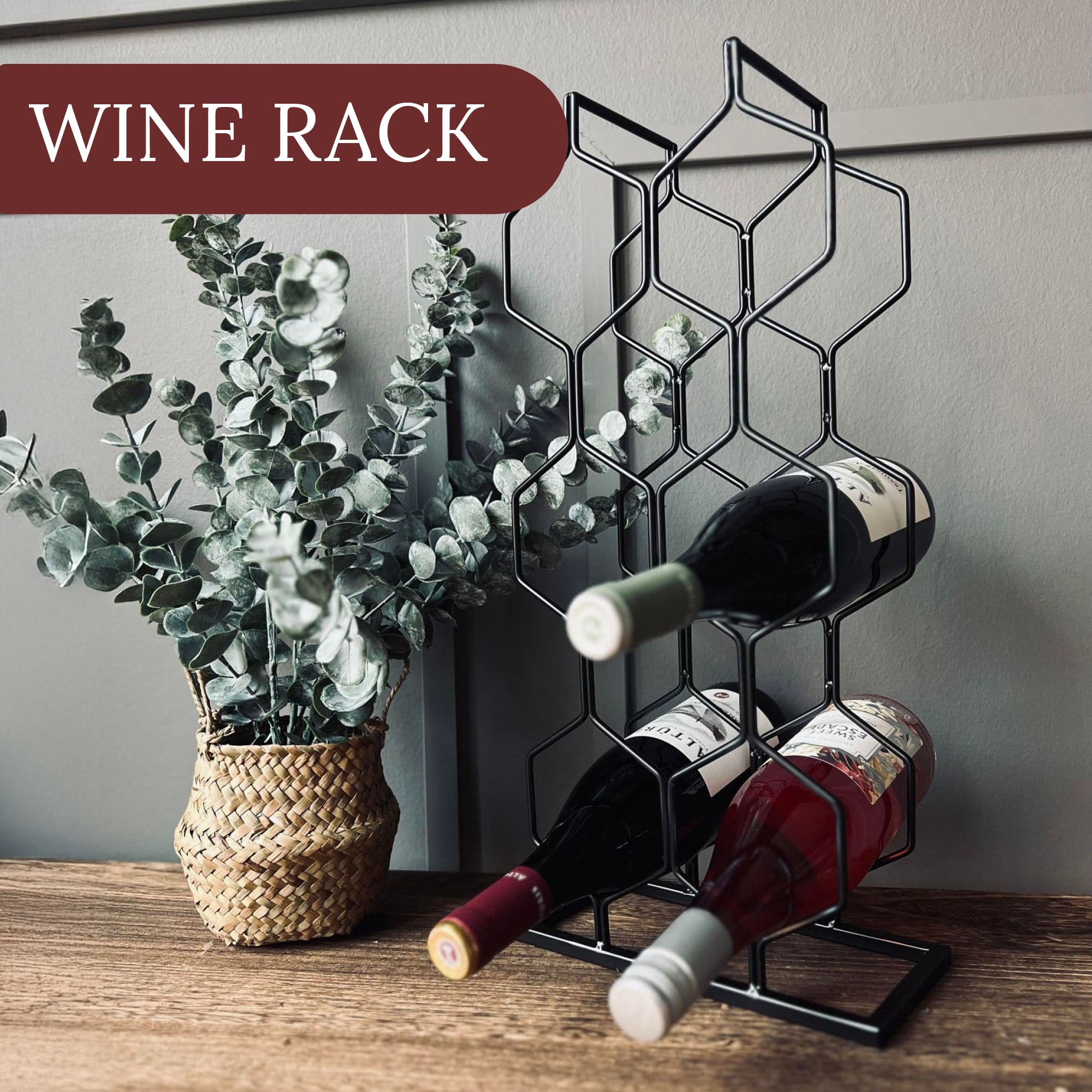 Botellero decorativo de metal negro con capacidad para 8 botellas (48 x 23 x 11 cm)