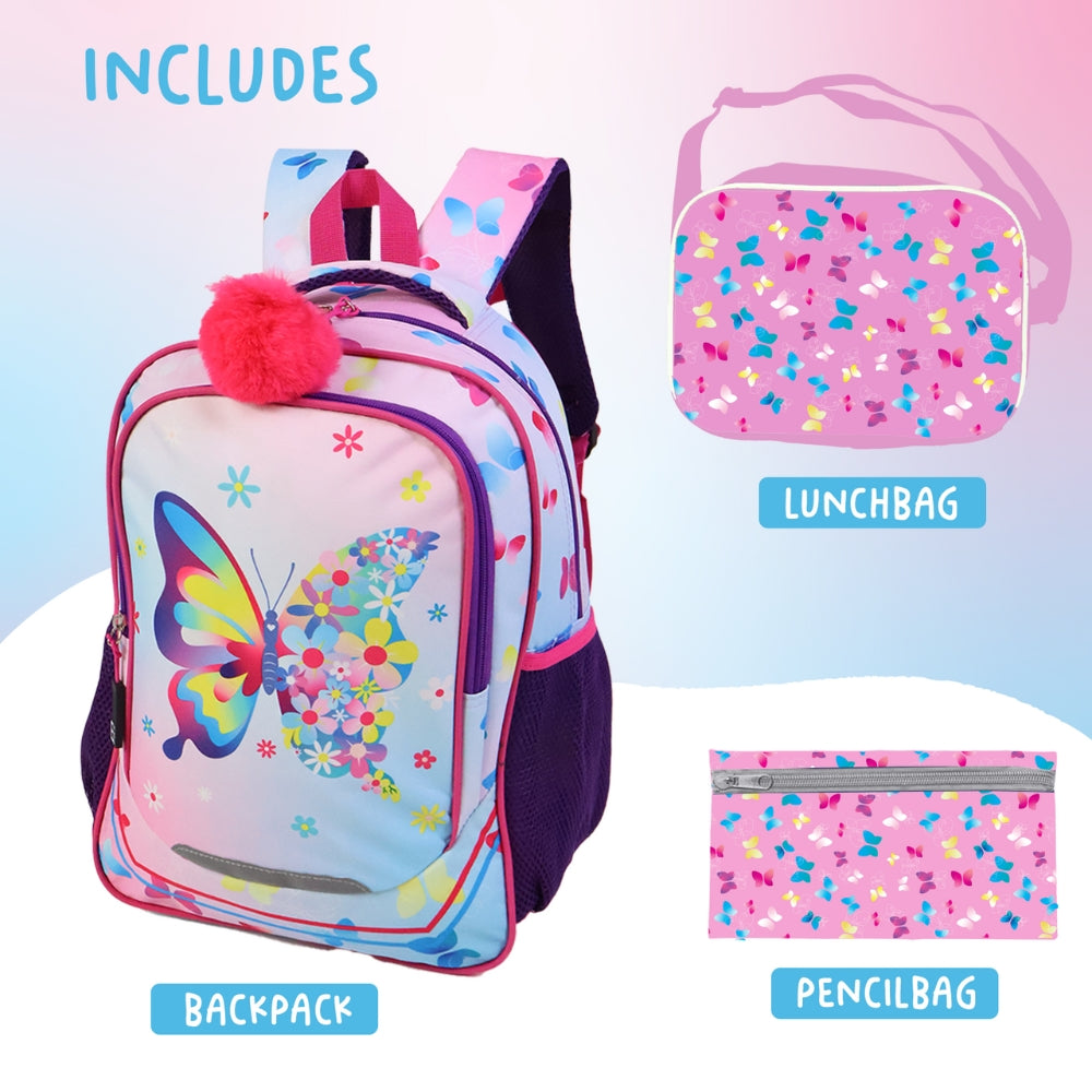 Mochila infantil Butterfly 3 en 1 con lonchera y bolsa para lápices