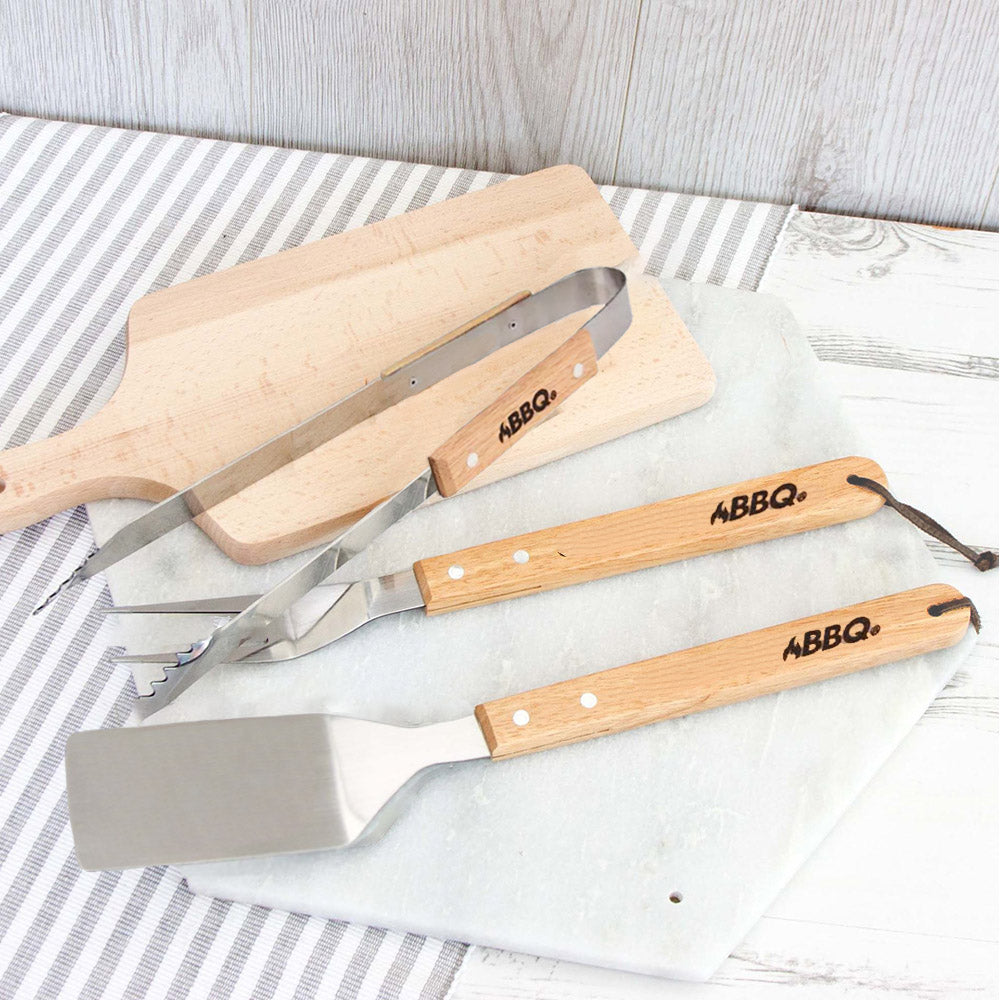 Juego de herramientas para barbacoa Braai - 3 piezas - Madera dura china y acero inoxidable