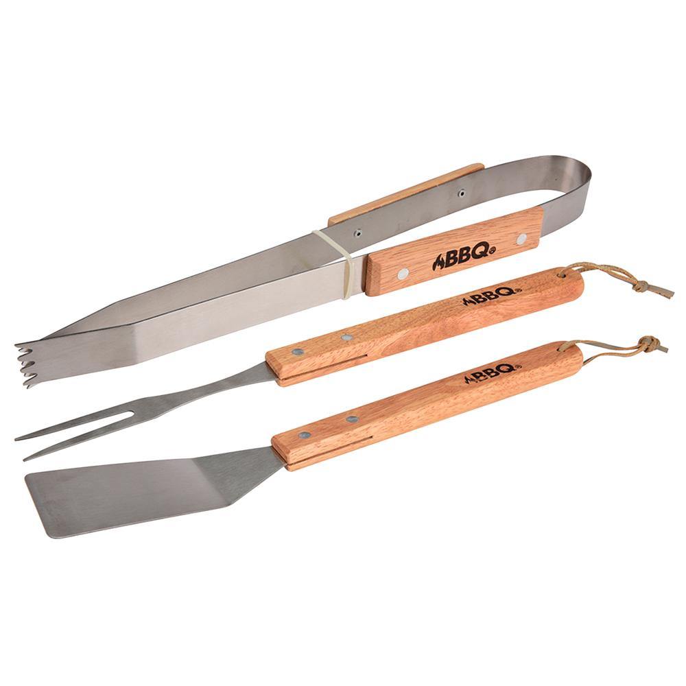 Juego de herramientas para barbacoa Braai - 3 piezas - Madera dura china y acero inoxidable