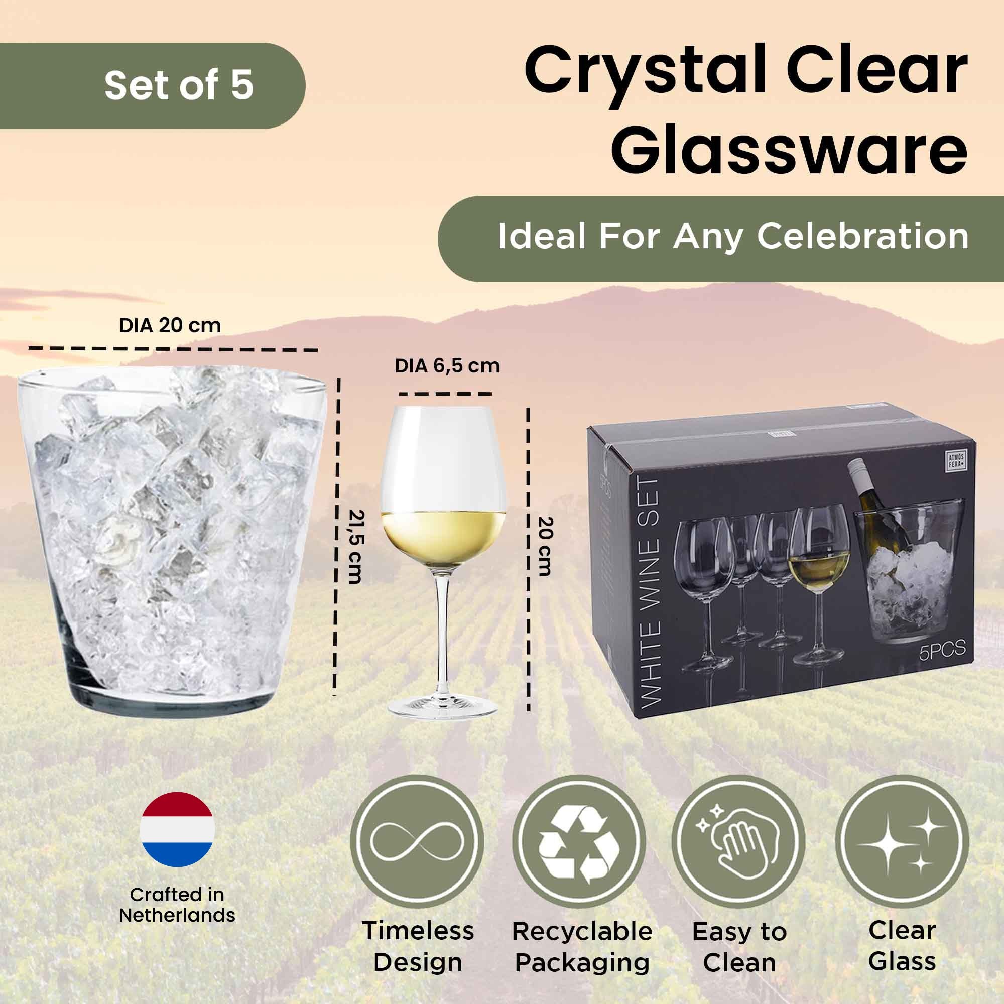 4 copas de vino de 430 ml y cubitera de cristal de 1,5 litros - Set de regalo para vino blanco