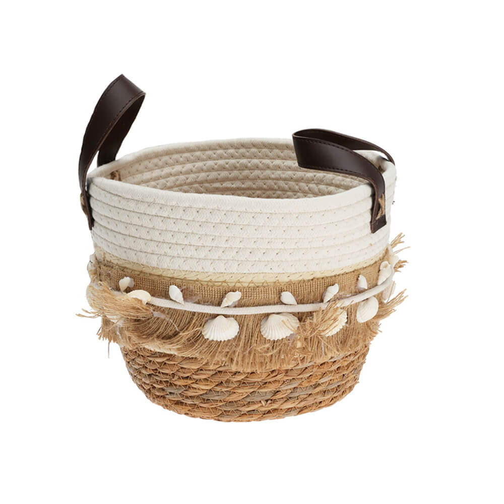 Natural Seagrass Basket with Cotton Handles and Sea Shells