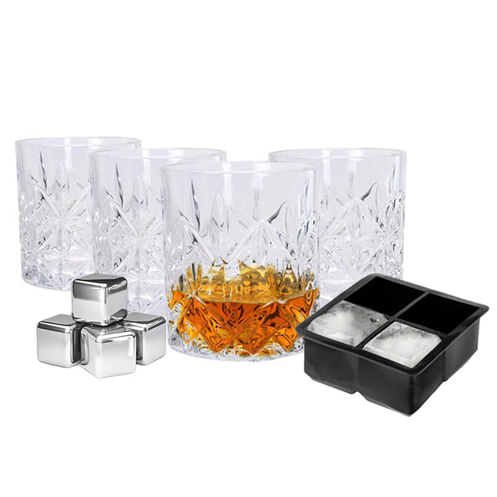 Whiskey Glasses 350ml & Stainless Steel Ice Cubes + Square Ice Tray