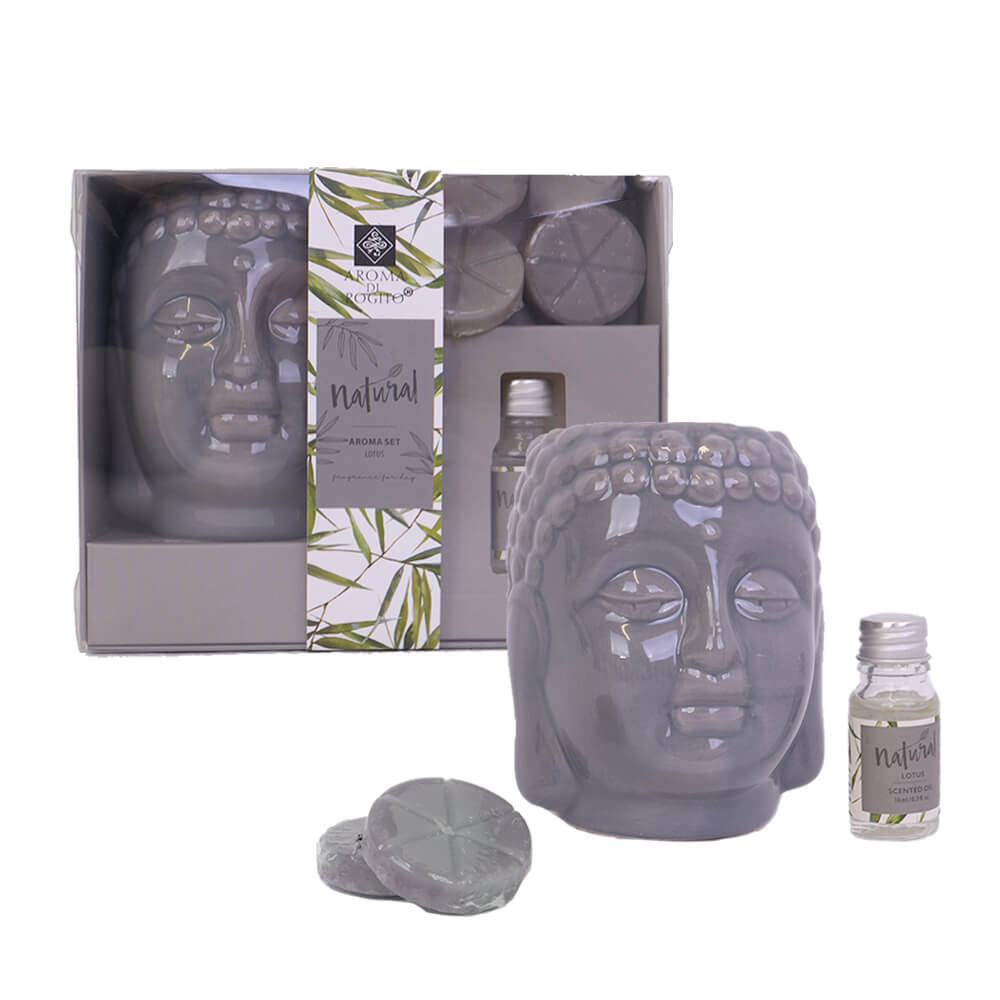 Duftset mit 2 Kerzen und 10 ml Duftflasche – Buddha-Design