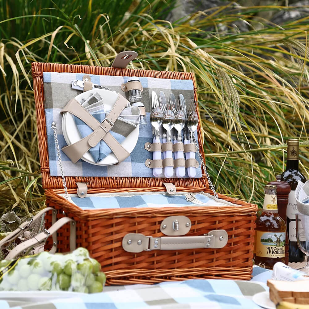 Cesta de picnic de mimbre con bolsa térmica para 4 personas - Diseño a cuadros