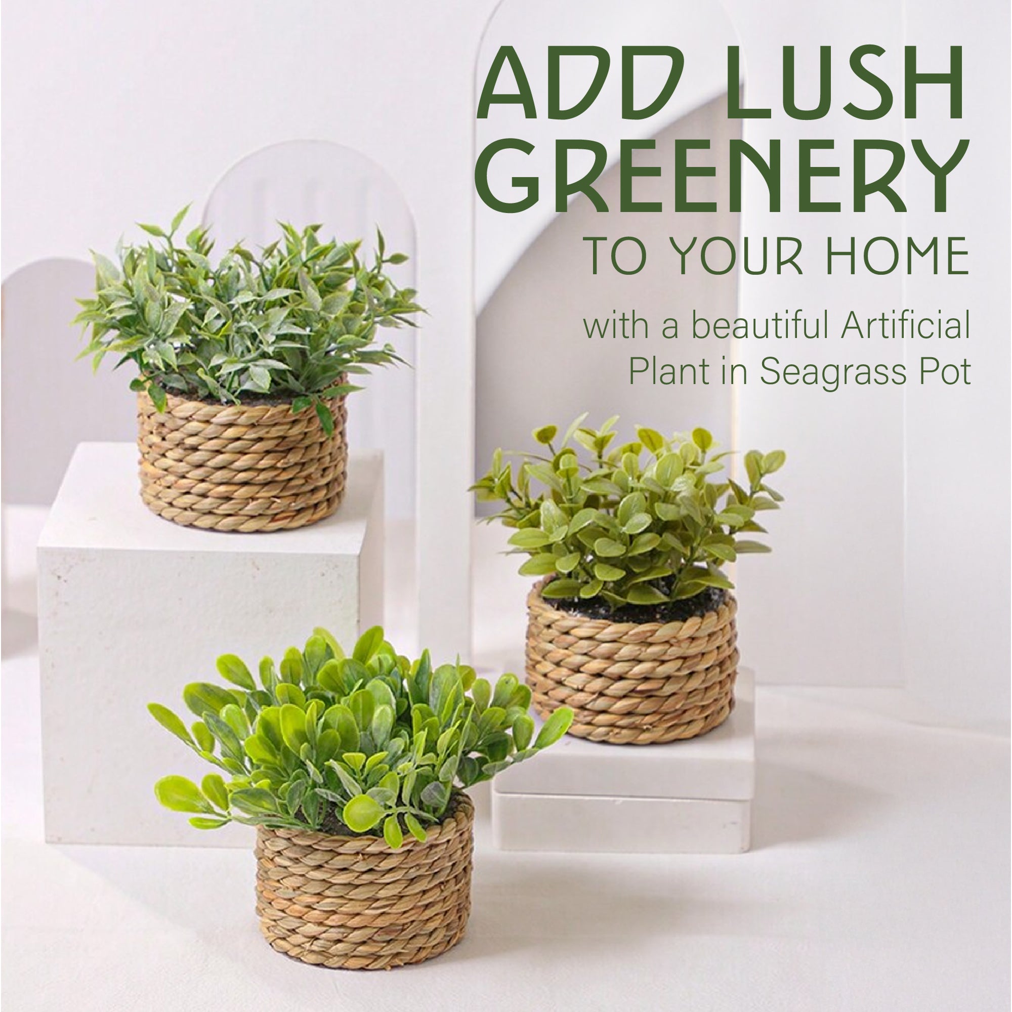 Artificial Plant in Seagrass Pot – 23cm Tall, 4 Assorted Designs