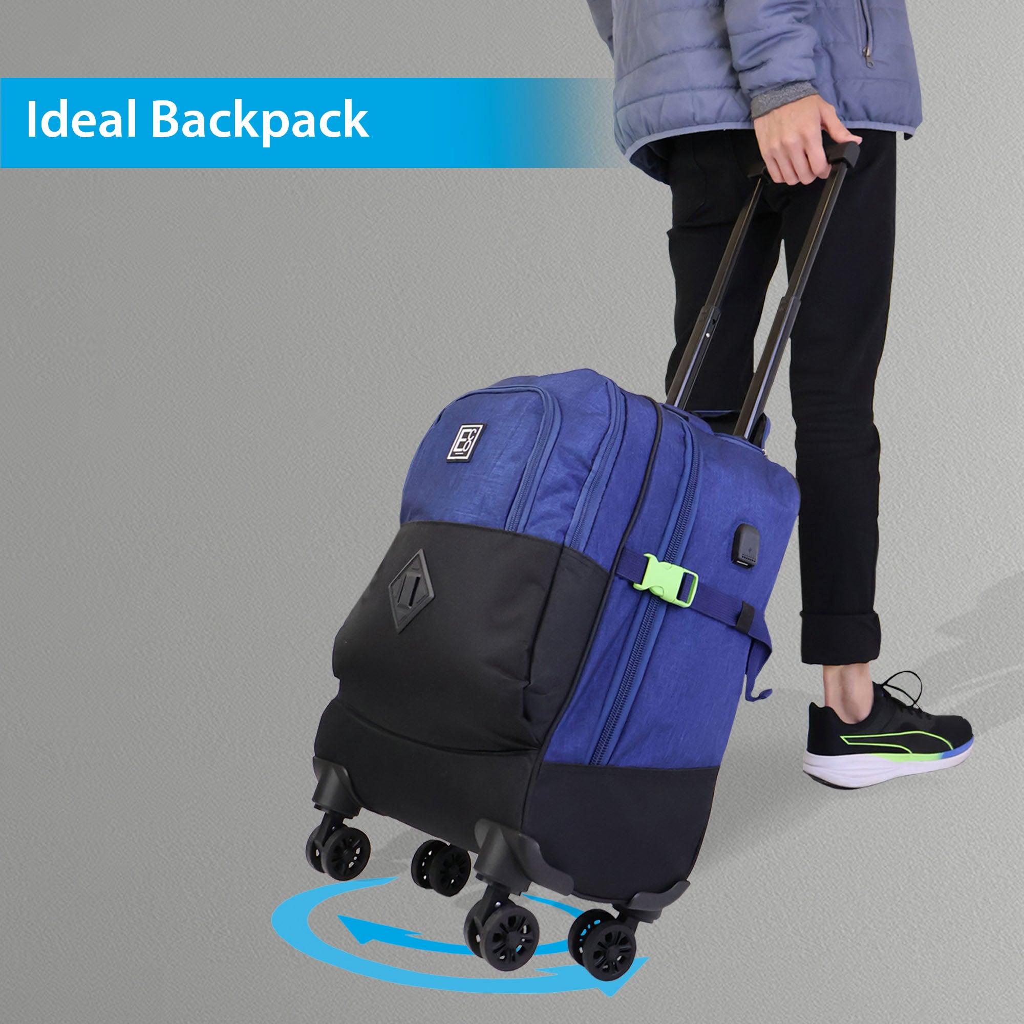 Spinner-Trolley-Rucksack mit Kühltaschenfach und USB-Anschluss