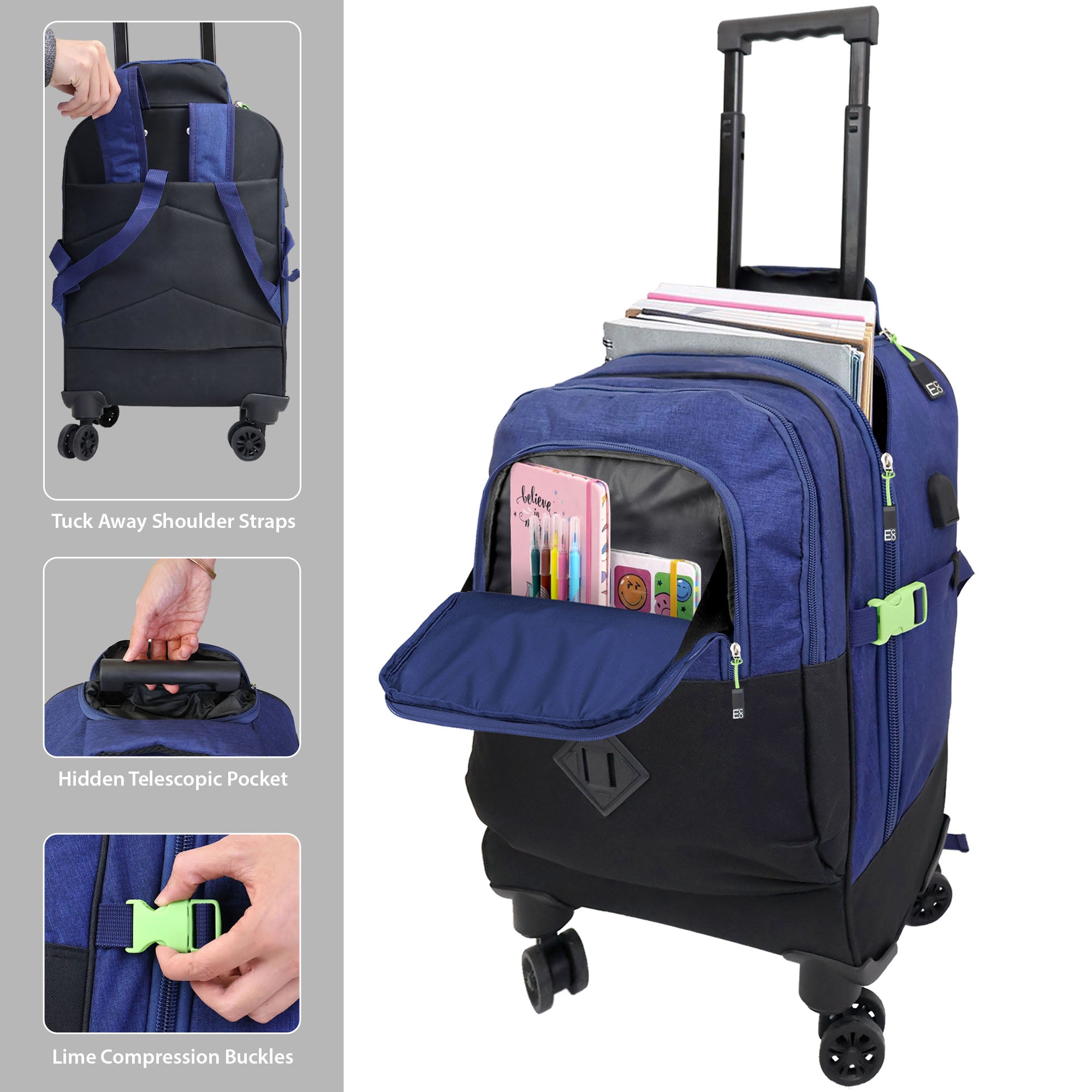 Spinner-Trolley-Rucksack mit Kühltaschenfach und USB-Anschluss