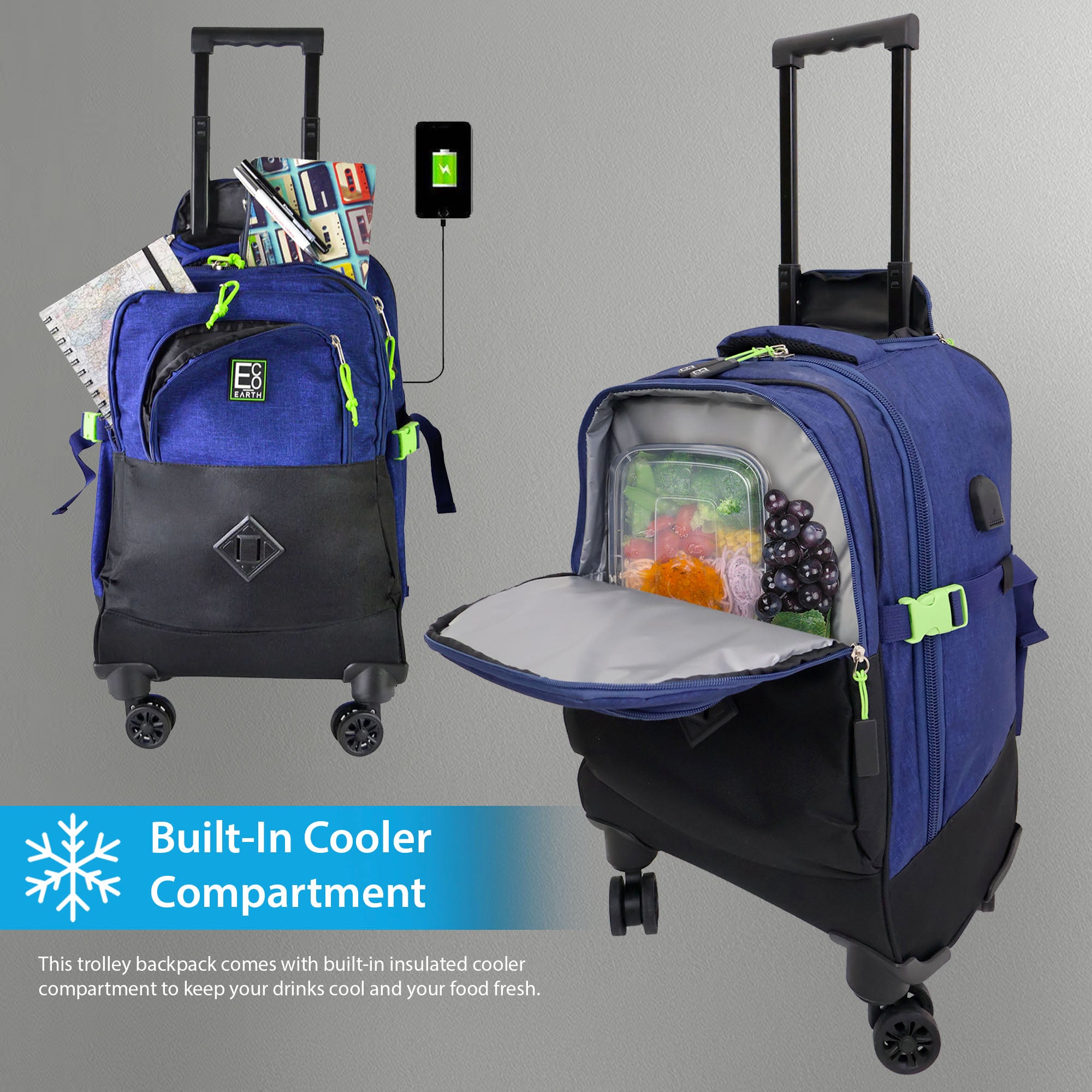 Spinner Trolley Backpack with Coolerbag Compart and USB Port