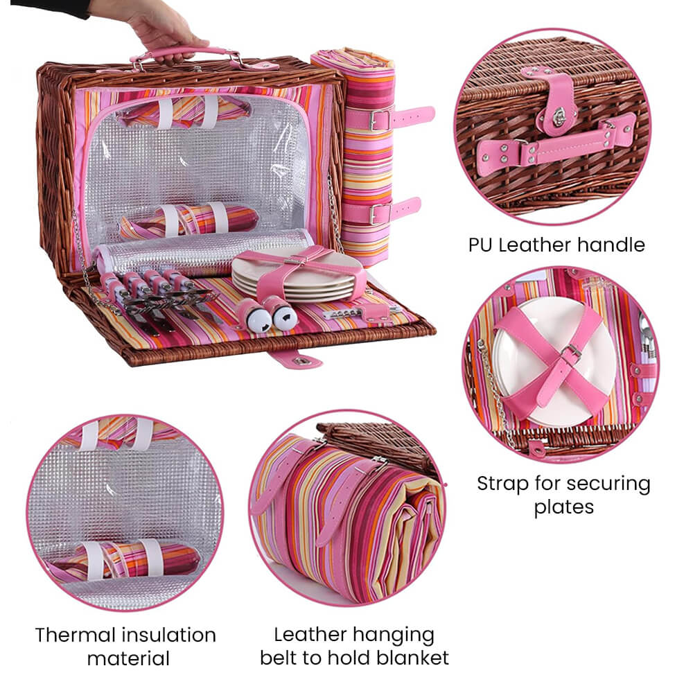 Wicker Picnic Basket with Cooler Bag for 4-Person- Pink Design