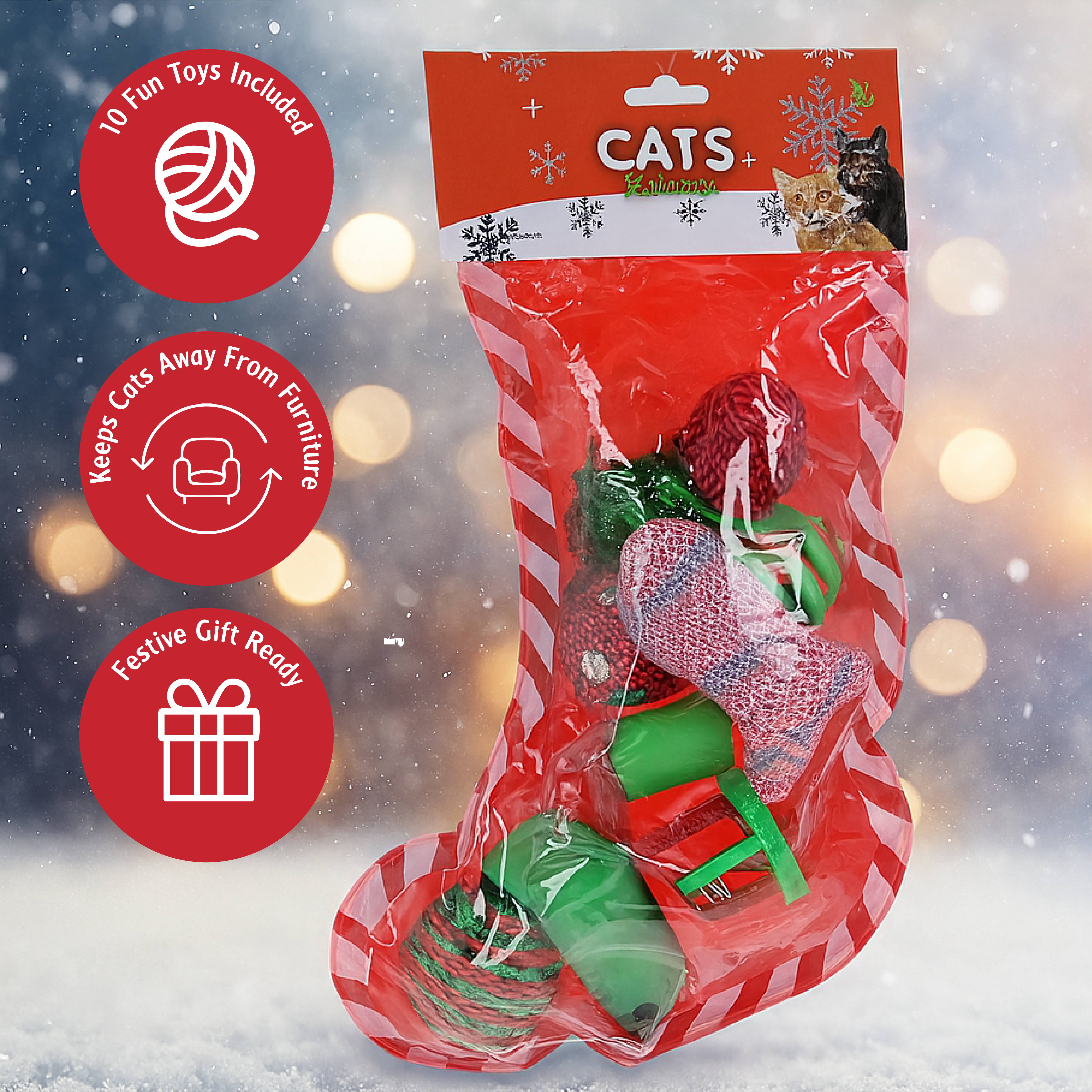 Juguetes para gatos con calcetín navideño - Juego de 10