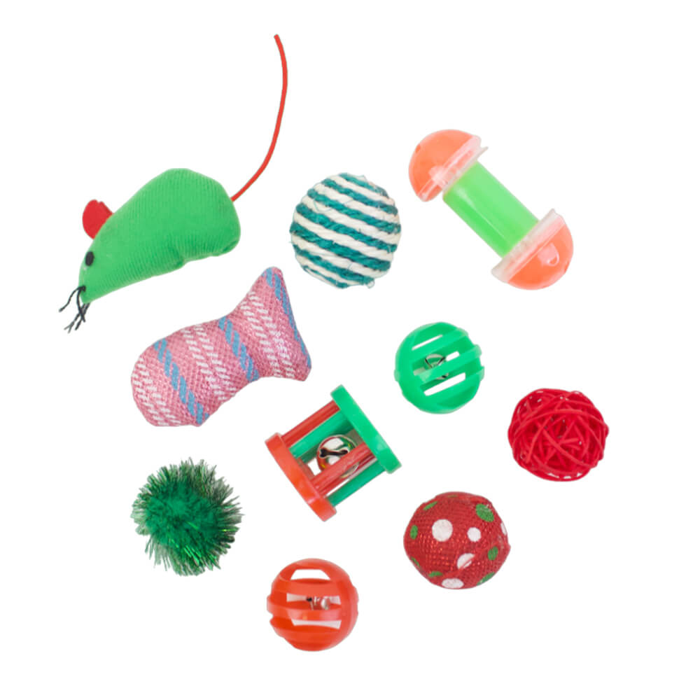 Cat Toys in Christmas Stocking - Set of 10