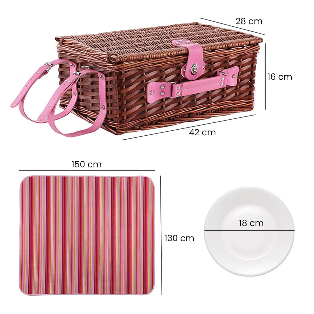 Wicker Picnic Basket with Cooler Bag for 4-Person- Pink Design