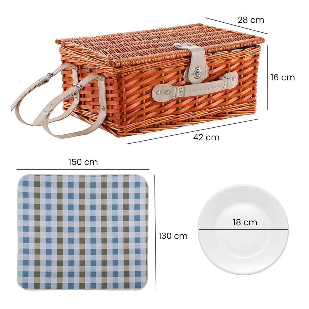 Cesta de picnic de mimbre con bolsa térmica para 4 personas - Diseño a cuadros