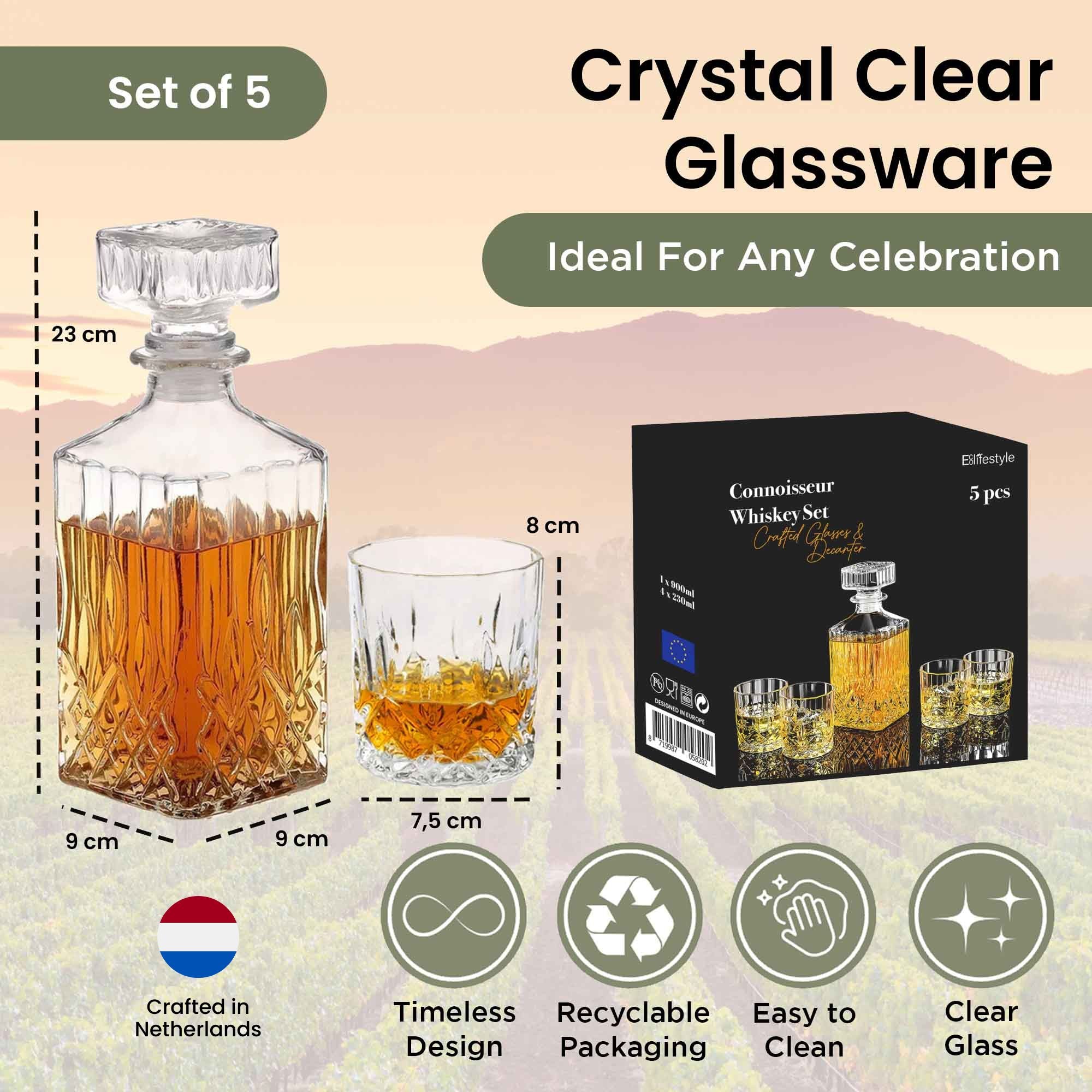 Whiskey Decanter 900ml with 4 Glasses 230ml - Gift Set - Diamond Cut