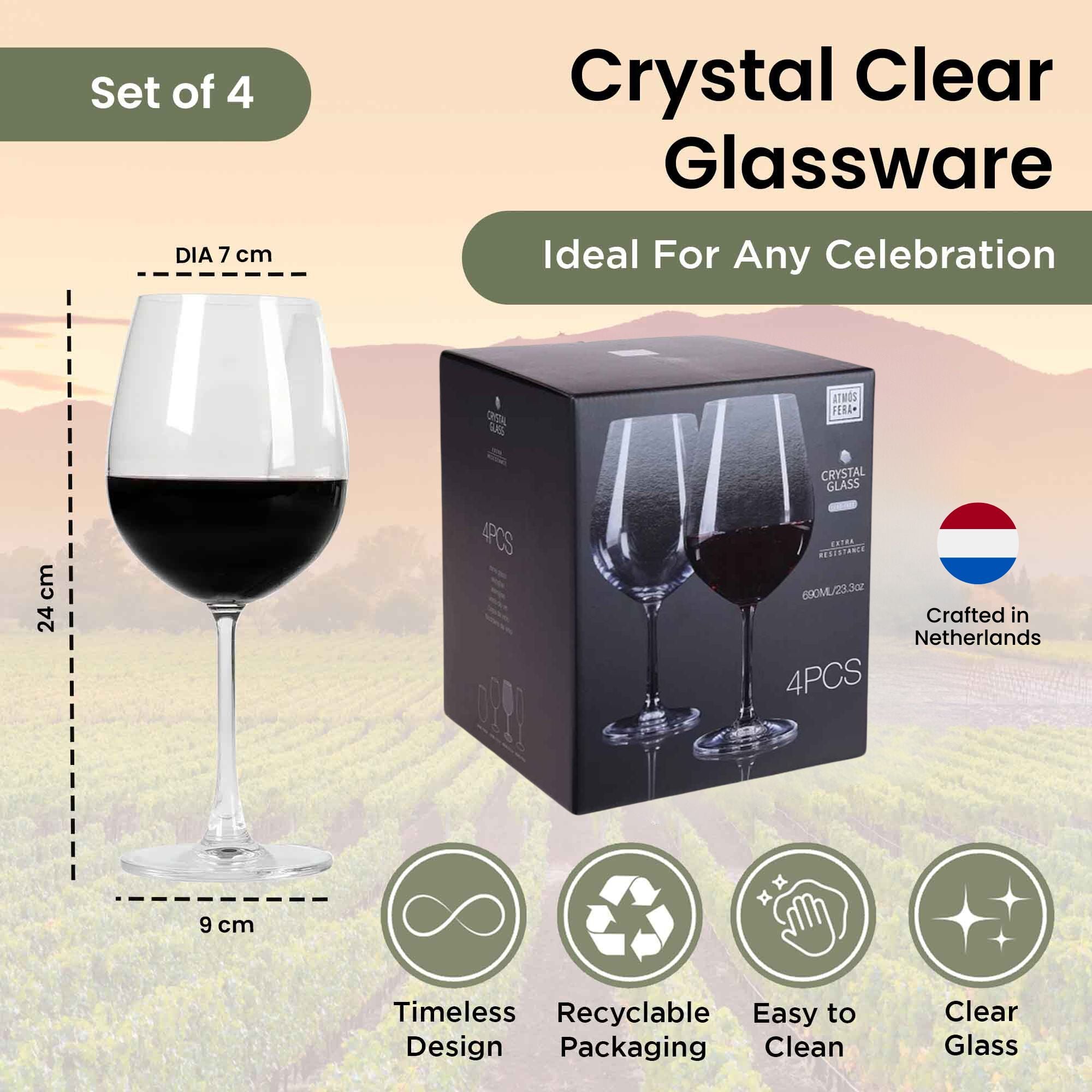 Copas de vino tinto - 690ml - 4 piezas - Cristalino sin plomo