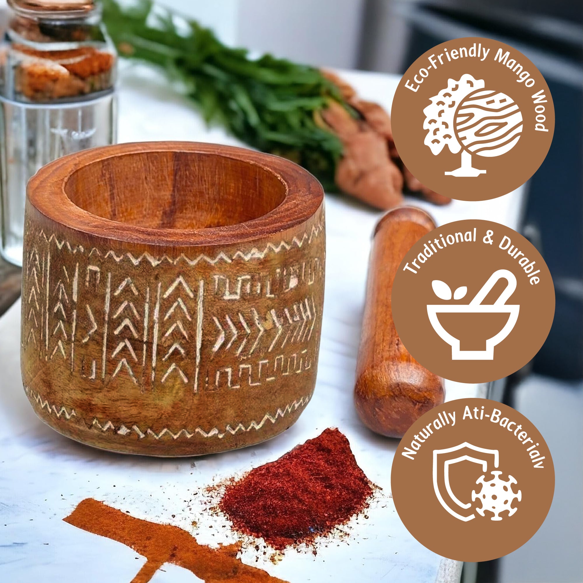 Wooden Mortar & Pestle for Spices, Herbs and Cooking – 10x7cm Mango Wood