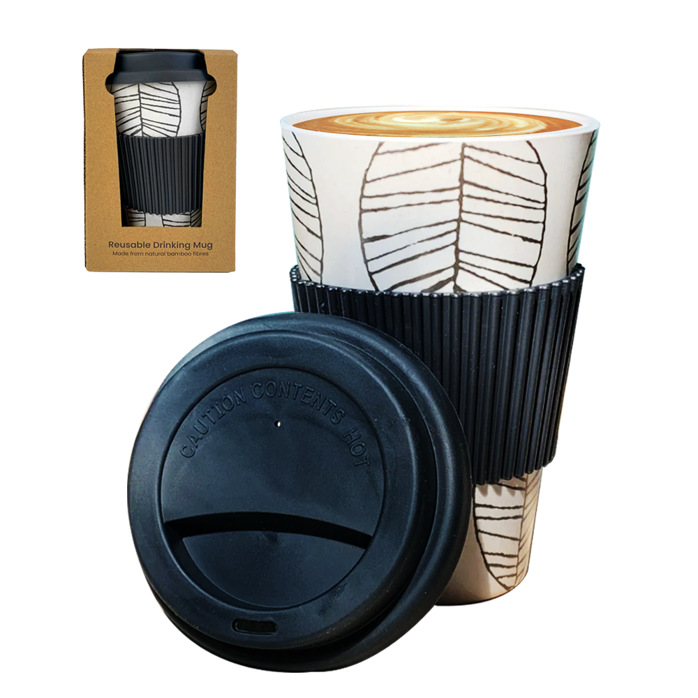 Umweltfreundliche Kaffeetasse aus Bambus mit Silikondeckel und Hitzegriff – 425 ml