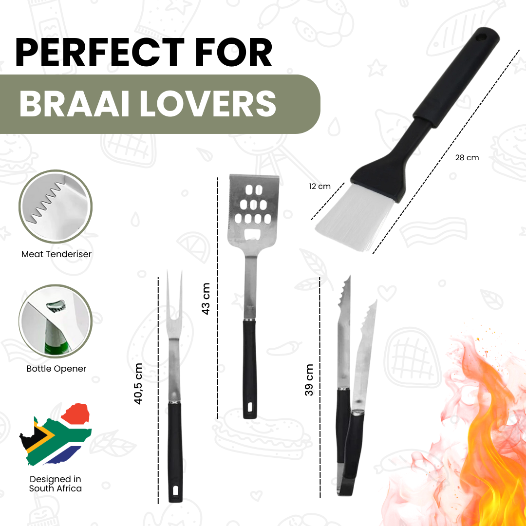 Braai Tool Set of 5- Stainless Steel Fork, Tong,  Spatula & Brushes