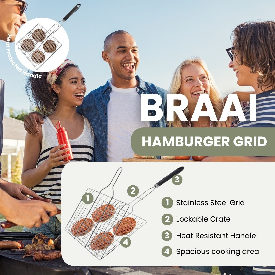 Rejilla para Hamburguesas con Mango para Braai - Acero Inoxidable