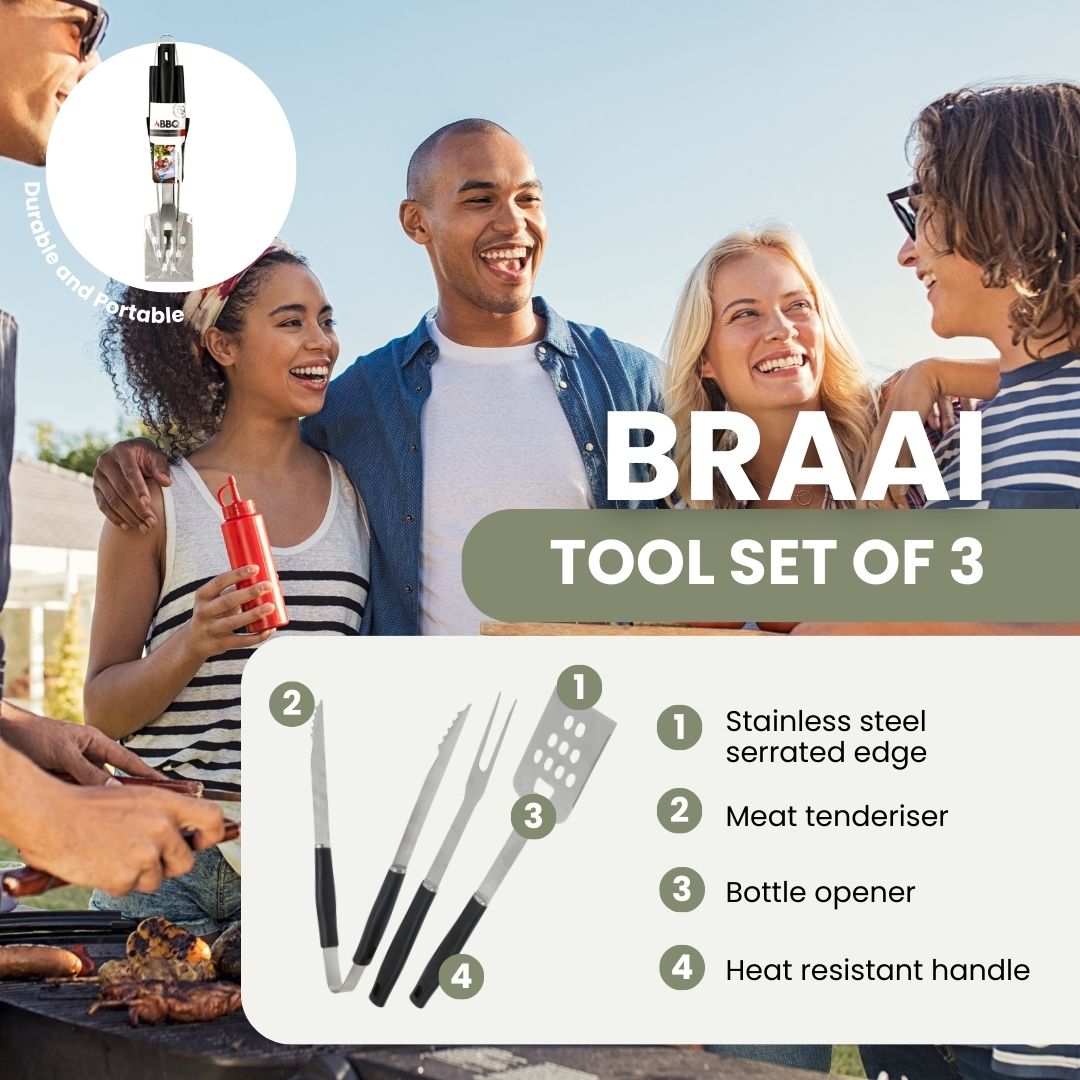 Juego de 3 herramientas Braai: tenedor, pinza y espátula de acero inoxidable