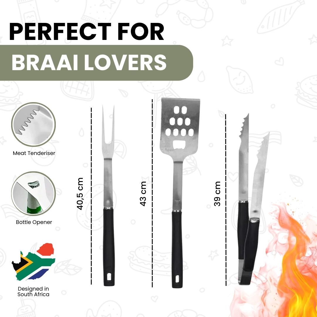 Juego de 3 herramientas Braai: tenedor, pinza y espátula de acero inoxidable