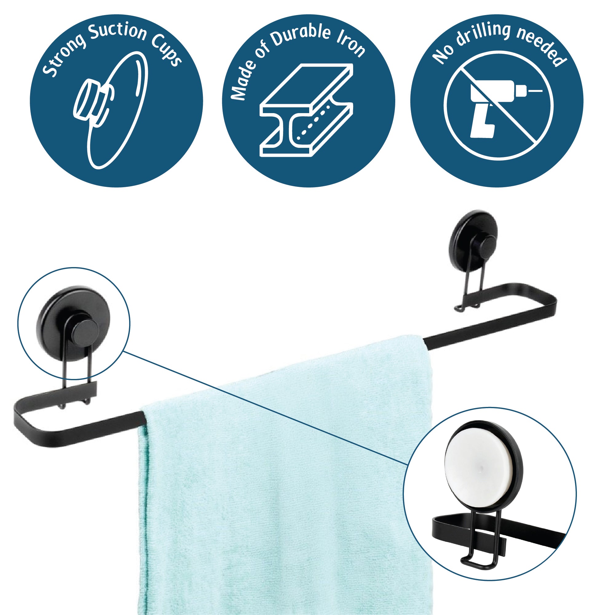 Wall Mounted Bathroom Towel Rack with Suction Cups – Matt Black, 60x11cm