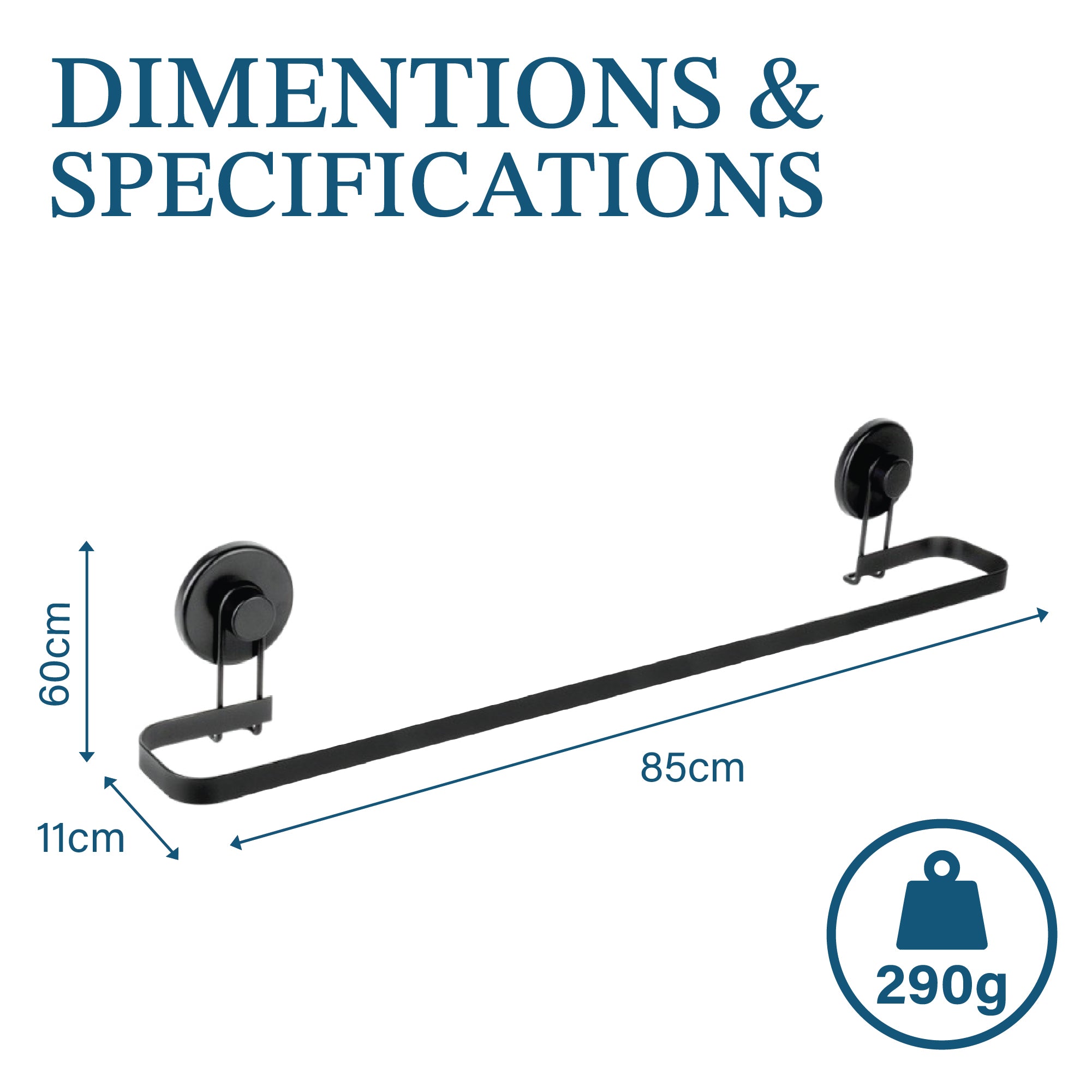 Wall Mounted Bathroom Towel Rack with Suction Cups – Matt Black, 60x11cm