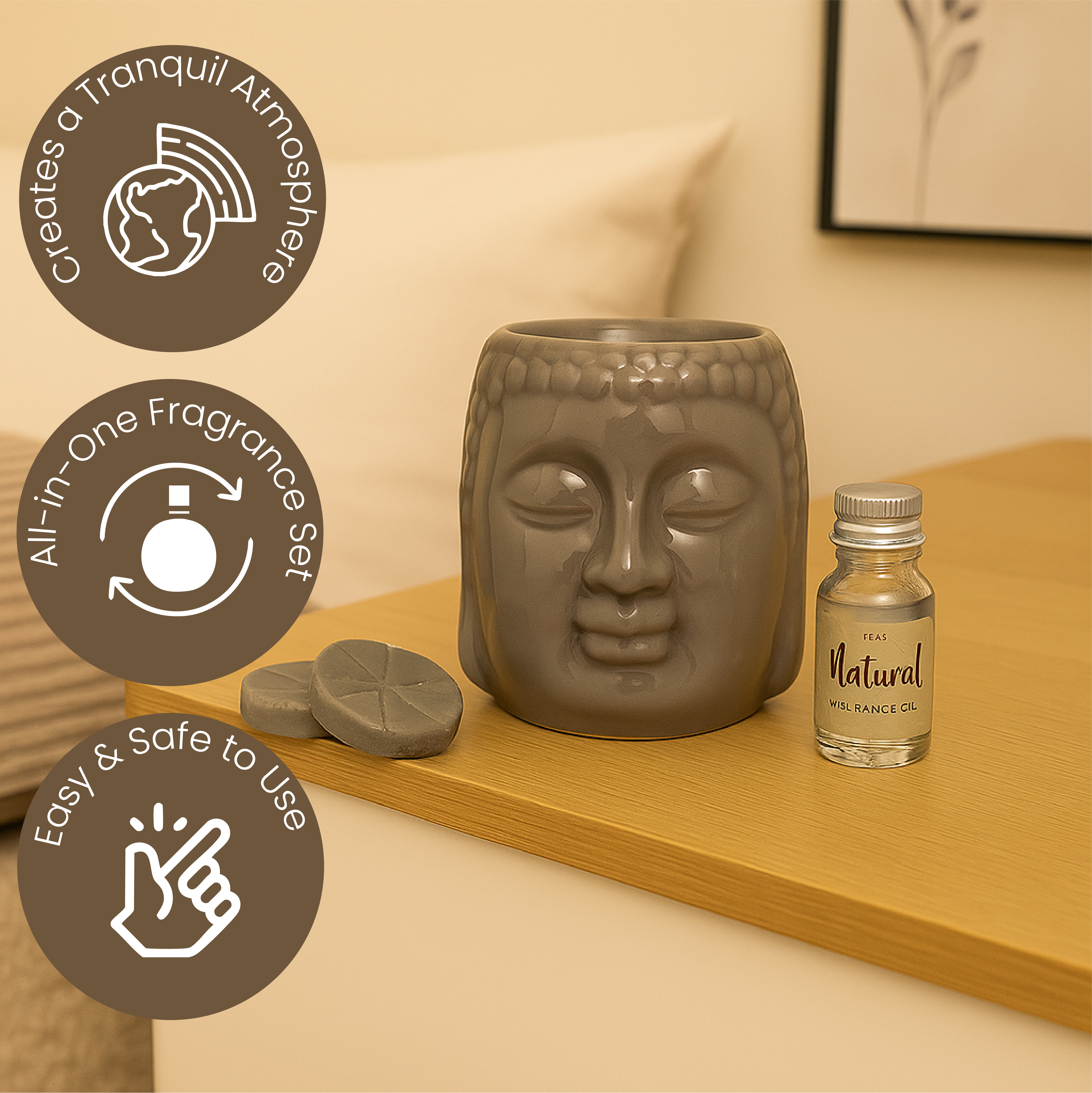 Set de fragancia con 2 velas y botella de fragancia de 10 ml - Diseño de Buda
