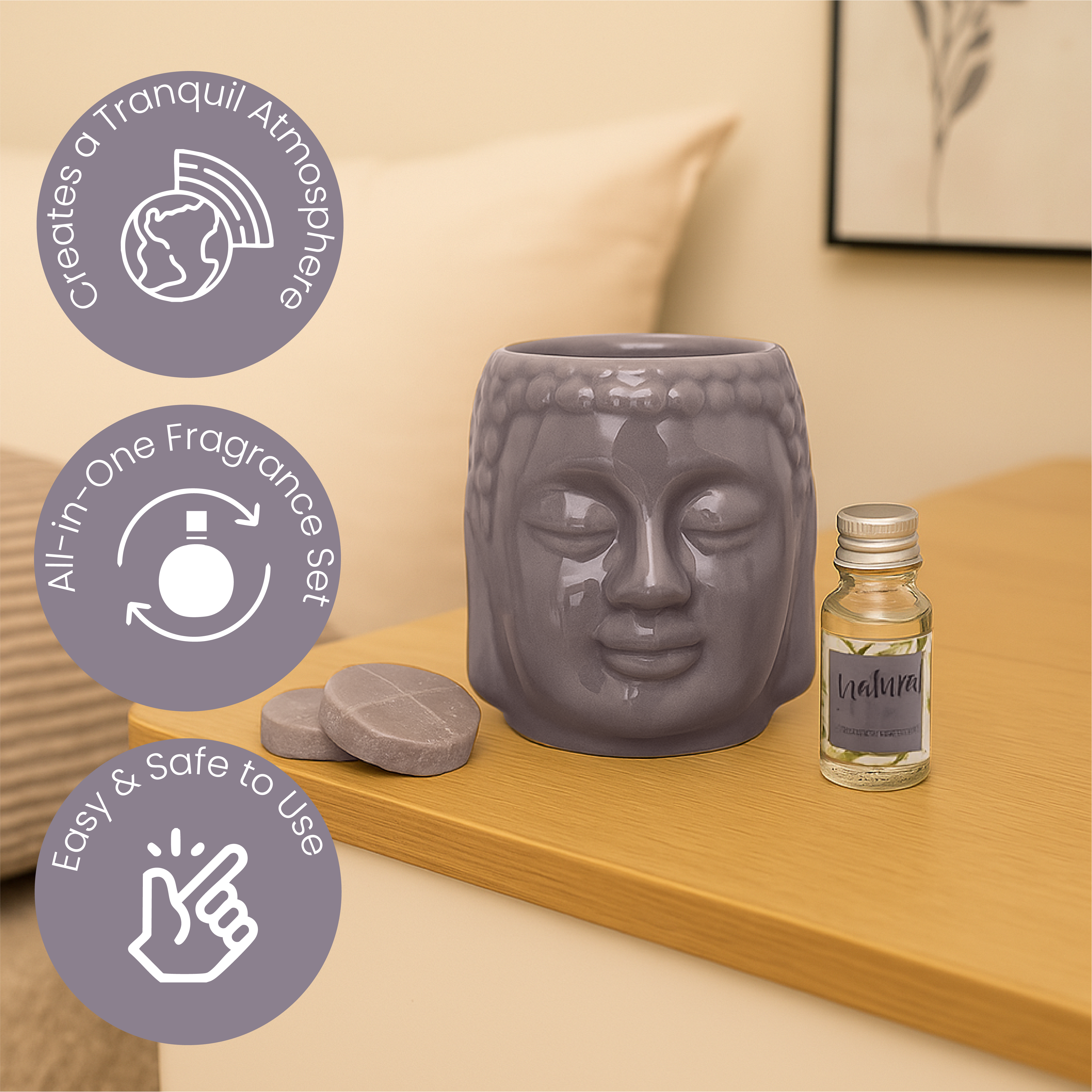 Set de fragancia con 2 velas y botella de fragancia de 10 ml - Diseño de Buda