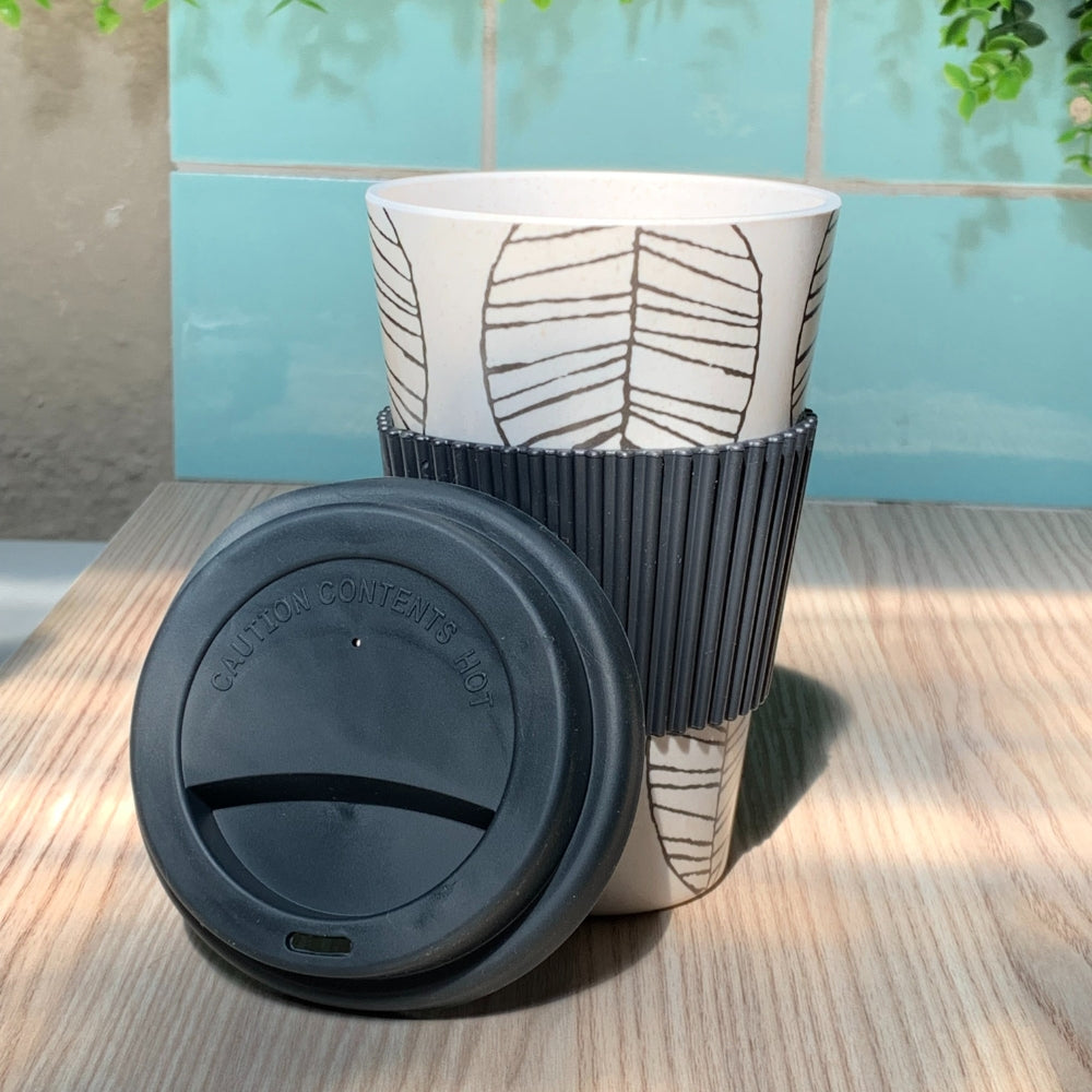 Umweltfreundliche Kaffeetasse aus Bambus mit Silikondeckel und Hitzegriff – 425 ml