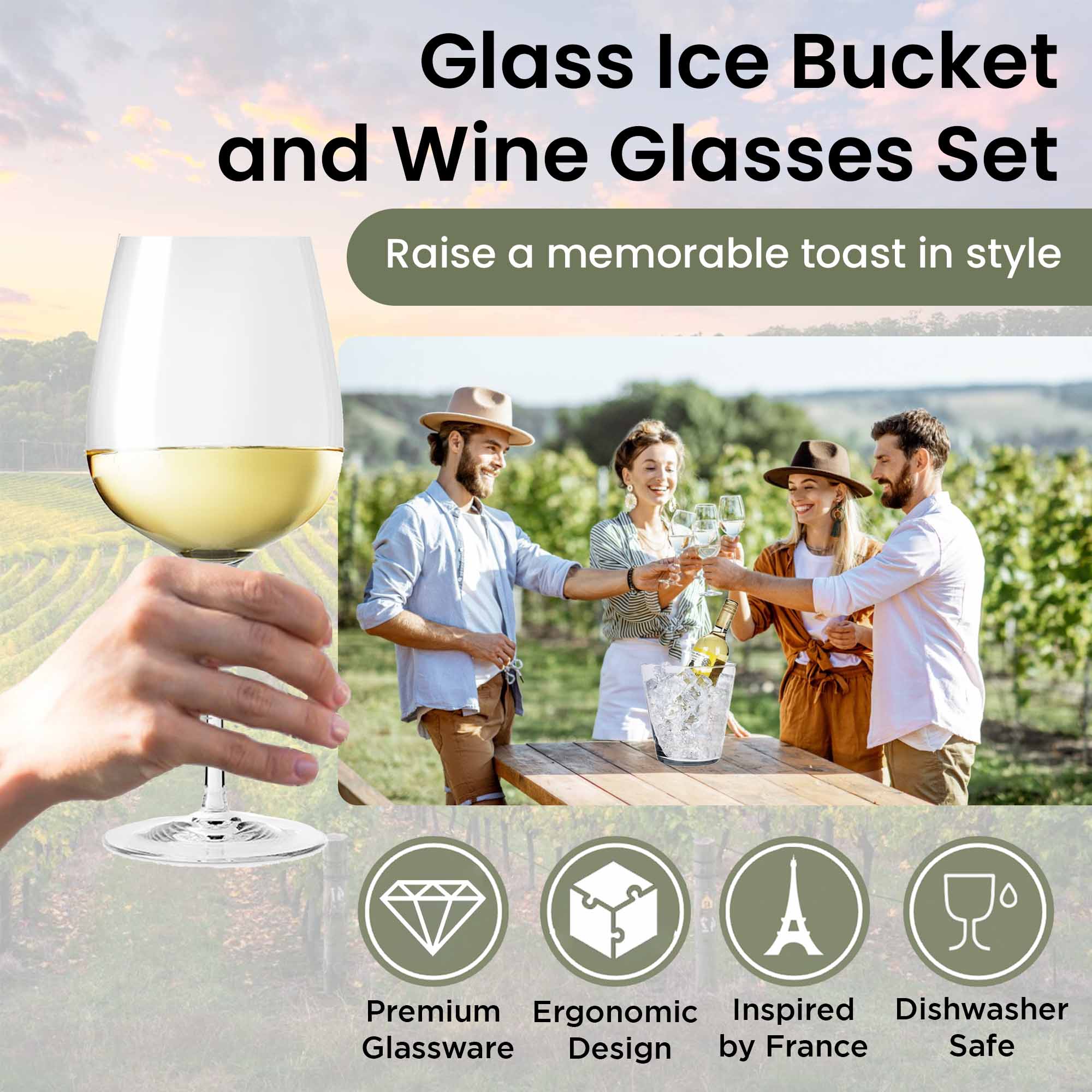 4 Wine Glasses 430ml & 1.5 Litre Glass Ice Bucket - White Wine Gift Set