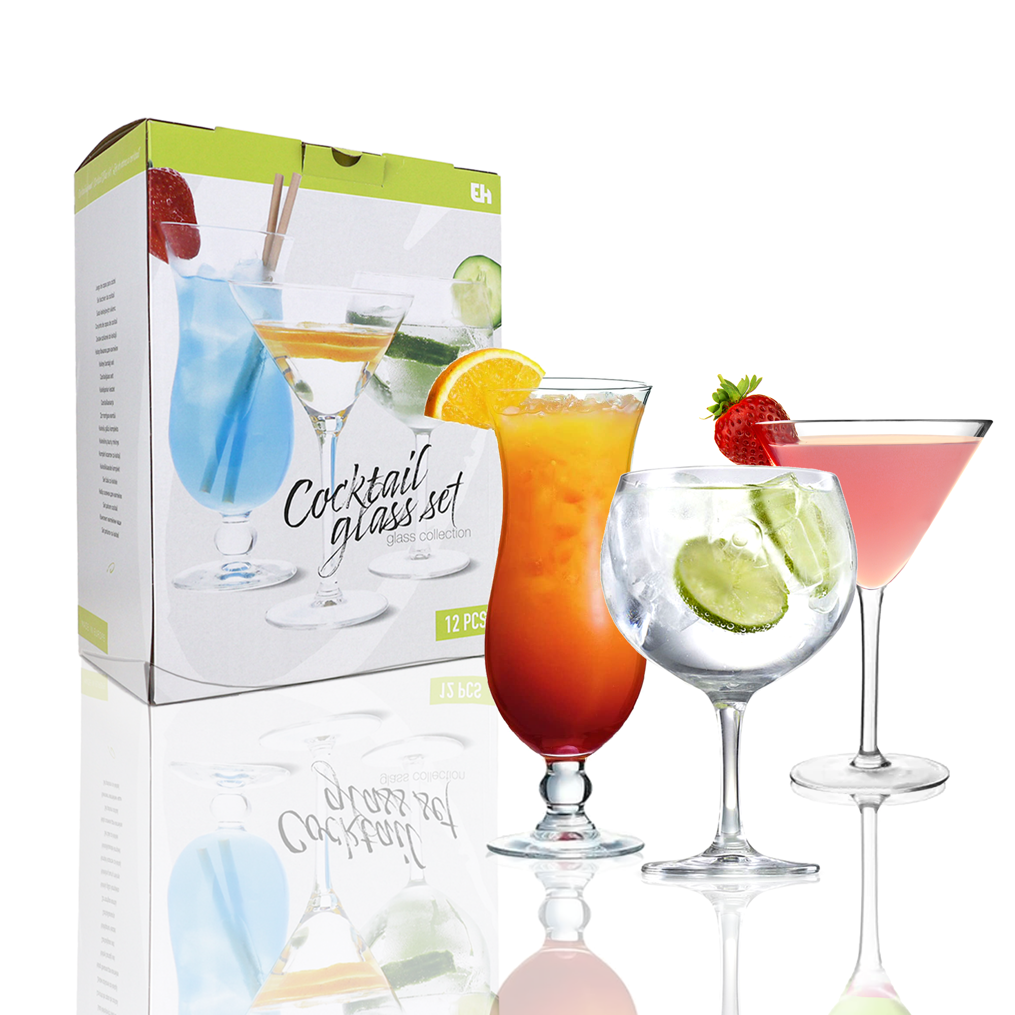 Cocktail Glasses Set of 12 Pieces - Martini, Gin & Tonic, Hurricane