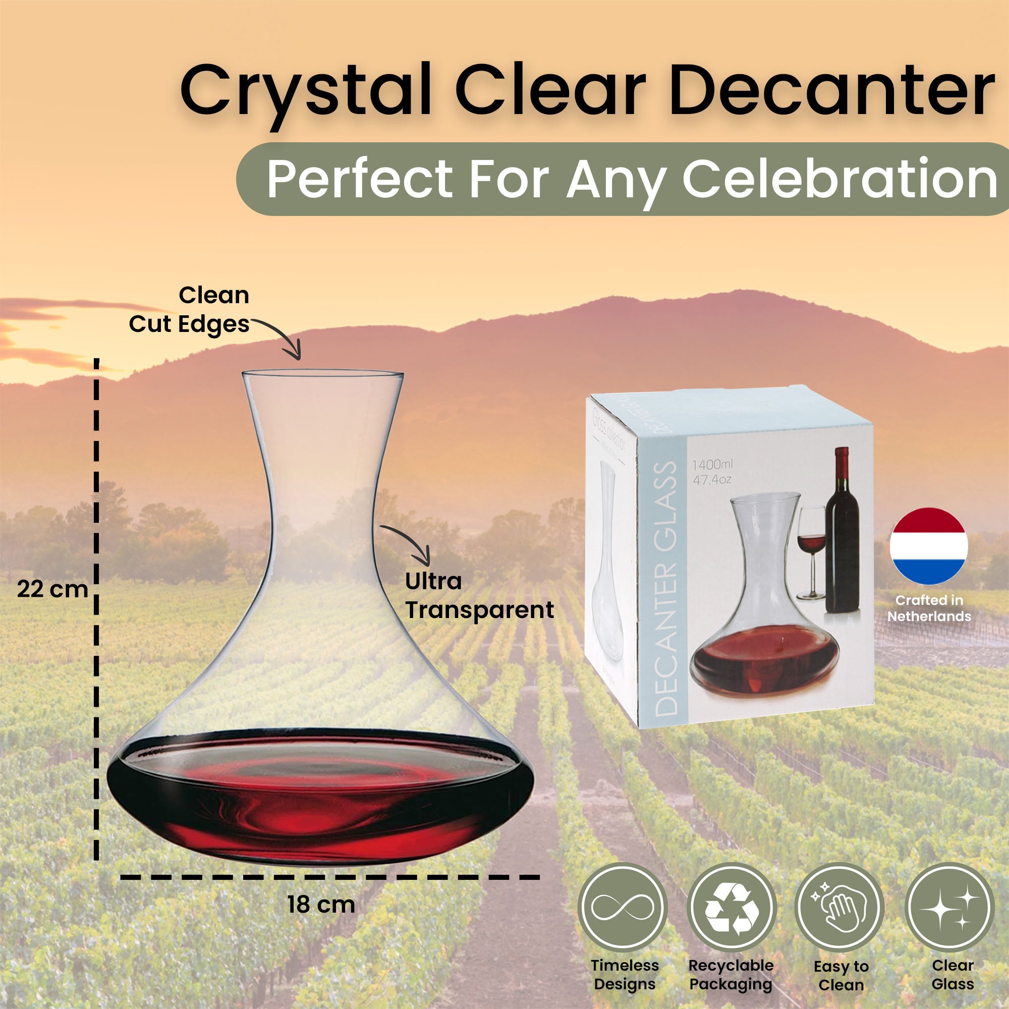 Glass Decanter for Wine - 1.4 Litre - 1400ml