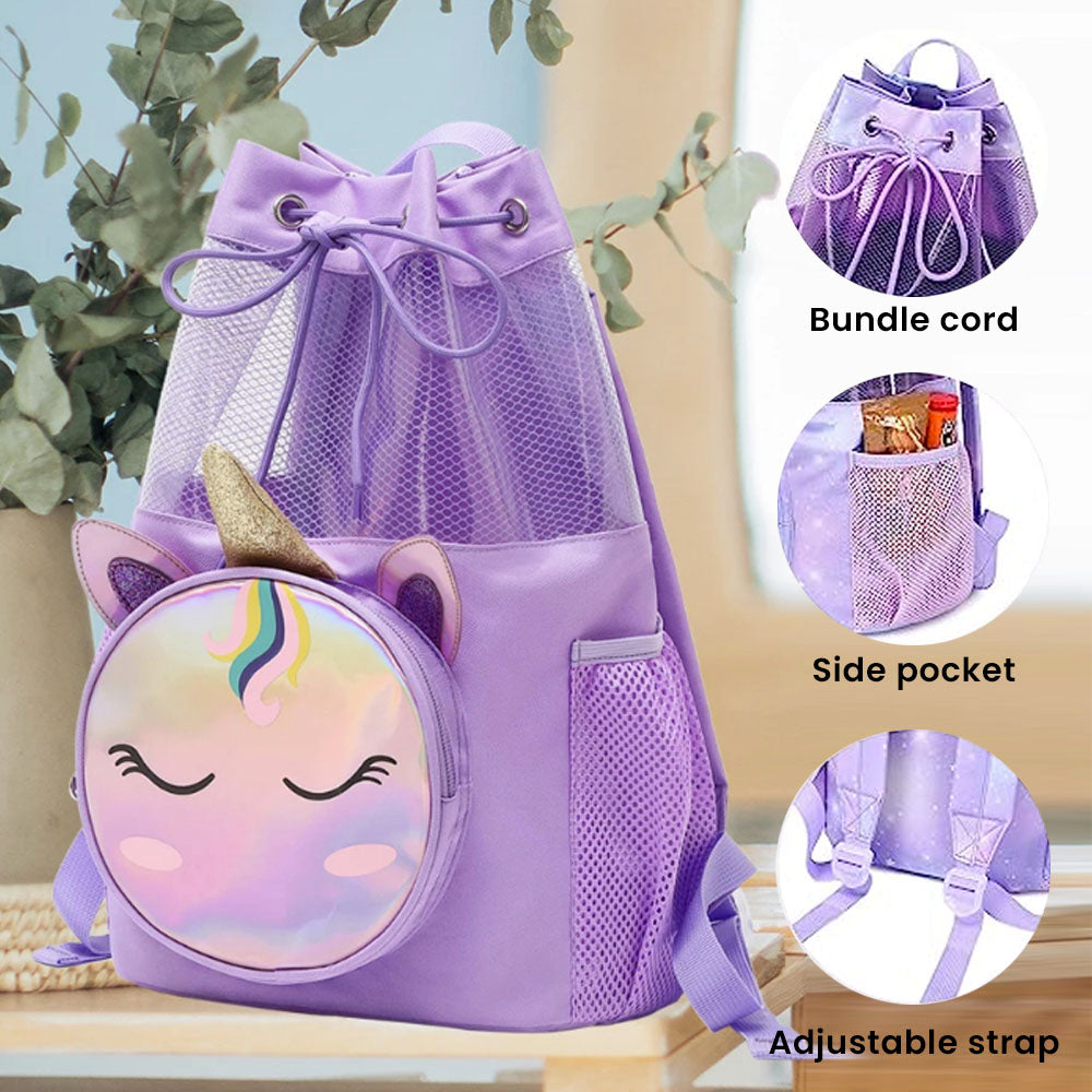 Mochila infantil con cordón y unicornio morado con bolsillo frontal desmontable (próximamente)