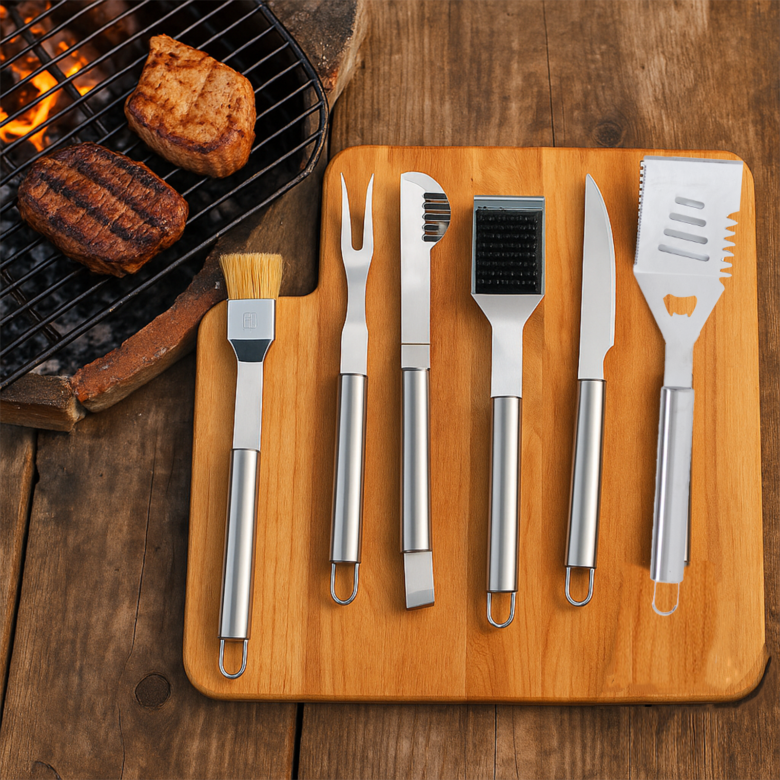 Juego de herramientas Braai en estuche de transporte - 5 piezas - Acero inoxidable