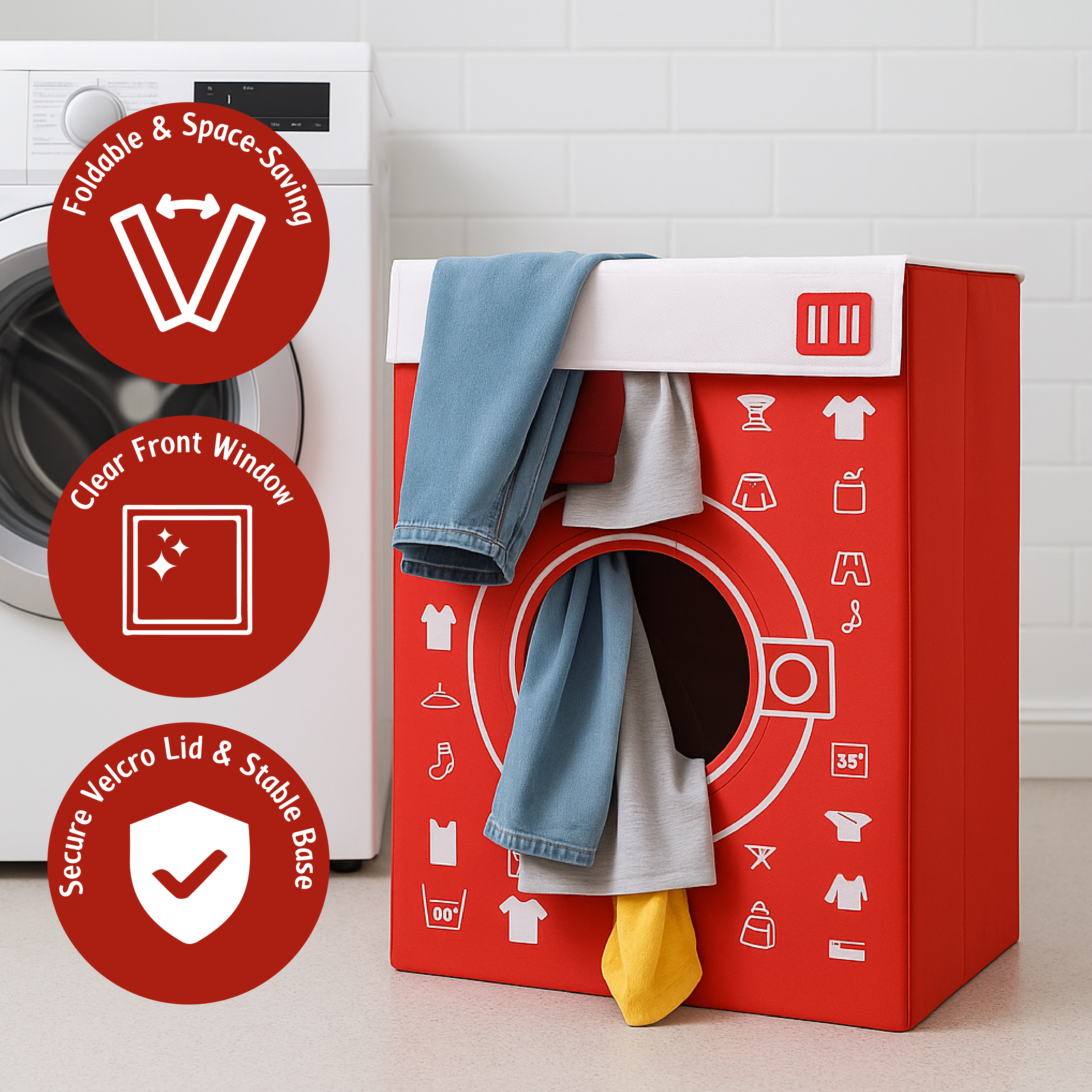 Cesto para la ropa sucia: diseño de lavadora y paquete plano
