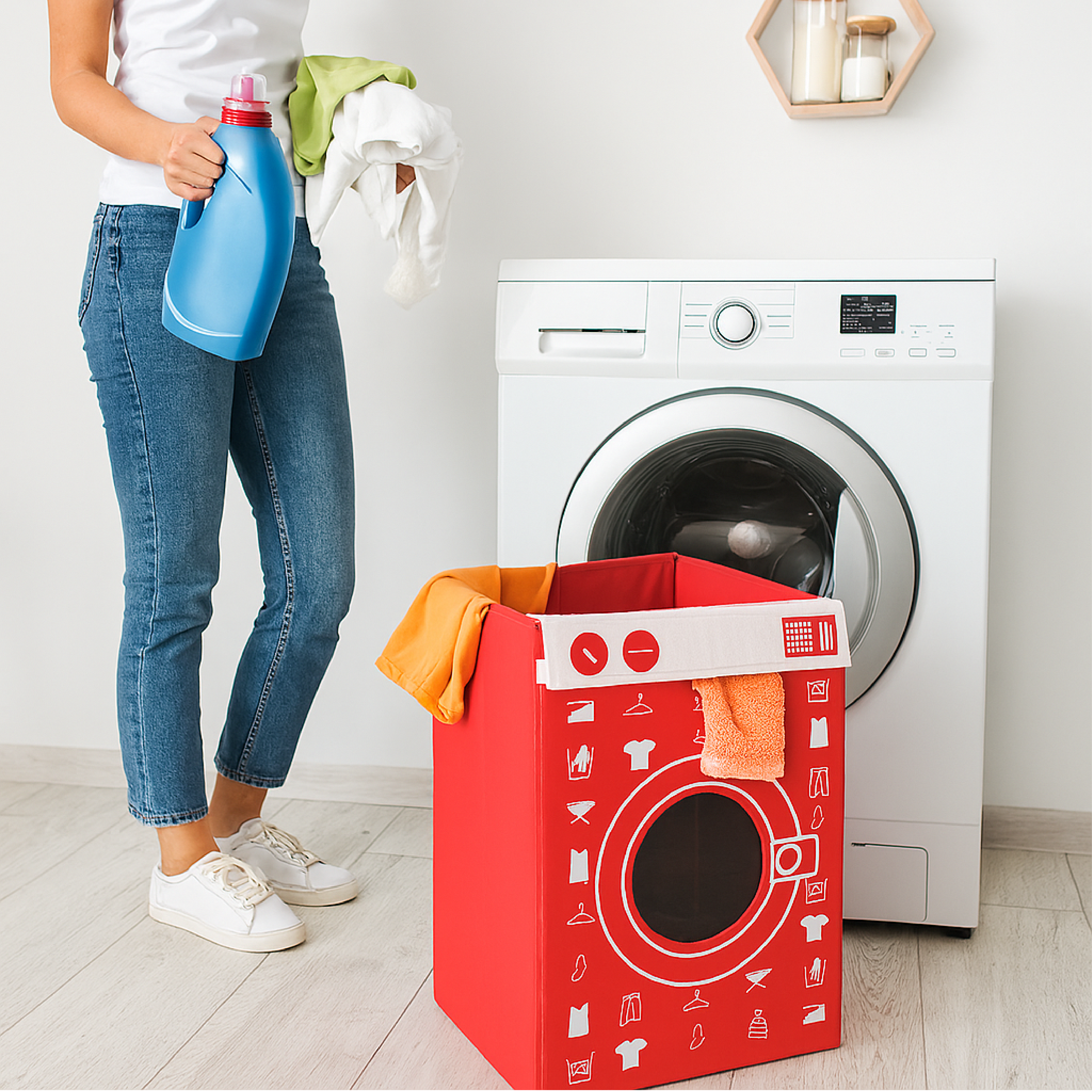Cesto para la ropa sucia: diseño de lavadora y paquete plano