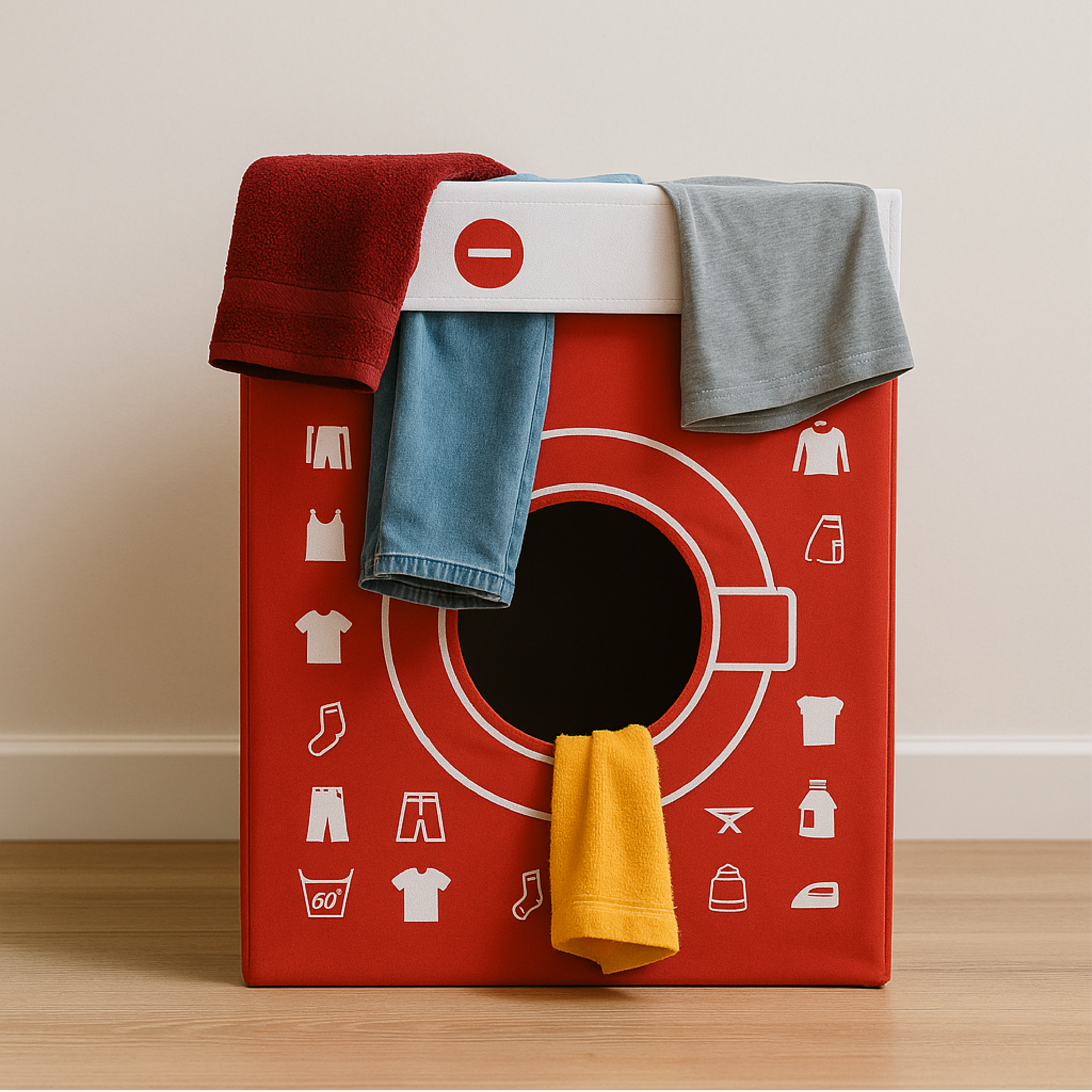 Cesto para la ropa sucia: diseño de lavadora y paquete plano