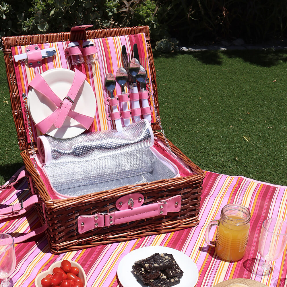 Cesta de picnic de mimbre con bolsa térmica para 4 personas, diseño rosa