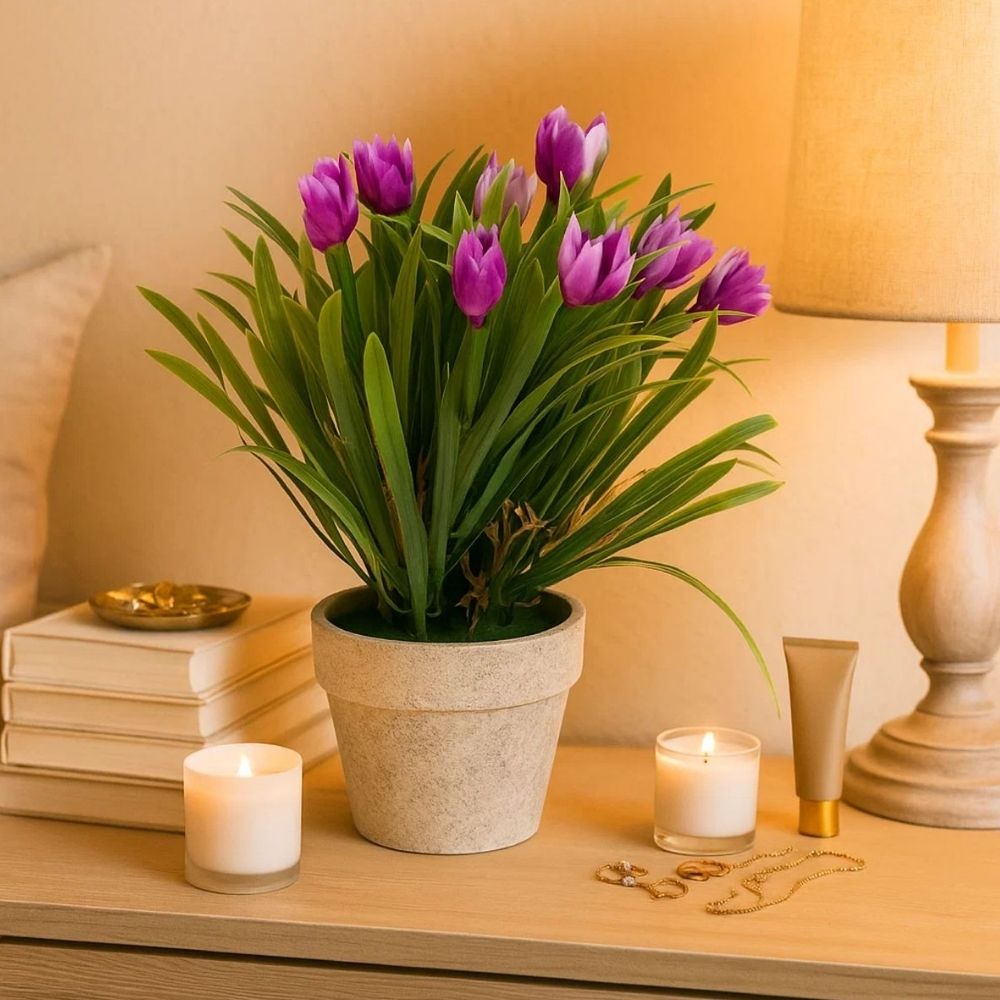 Tulipanes artificiales en maceta de papel – 10 x 27 cm (4 colores surtidos) 