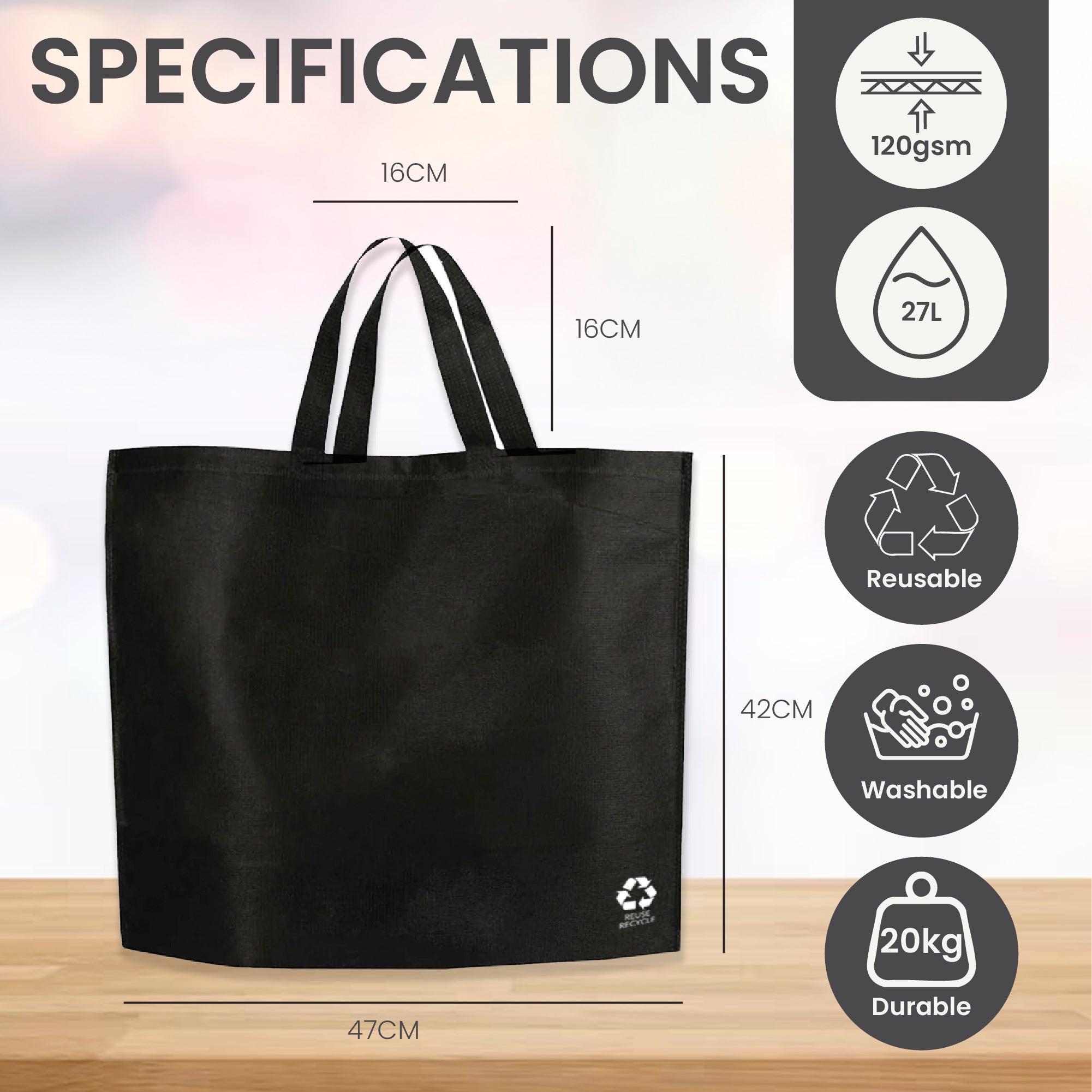 Bolsa de compras reutilizable no tejida negra | 70GSM, 27L