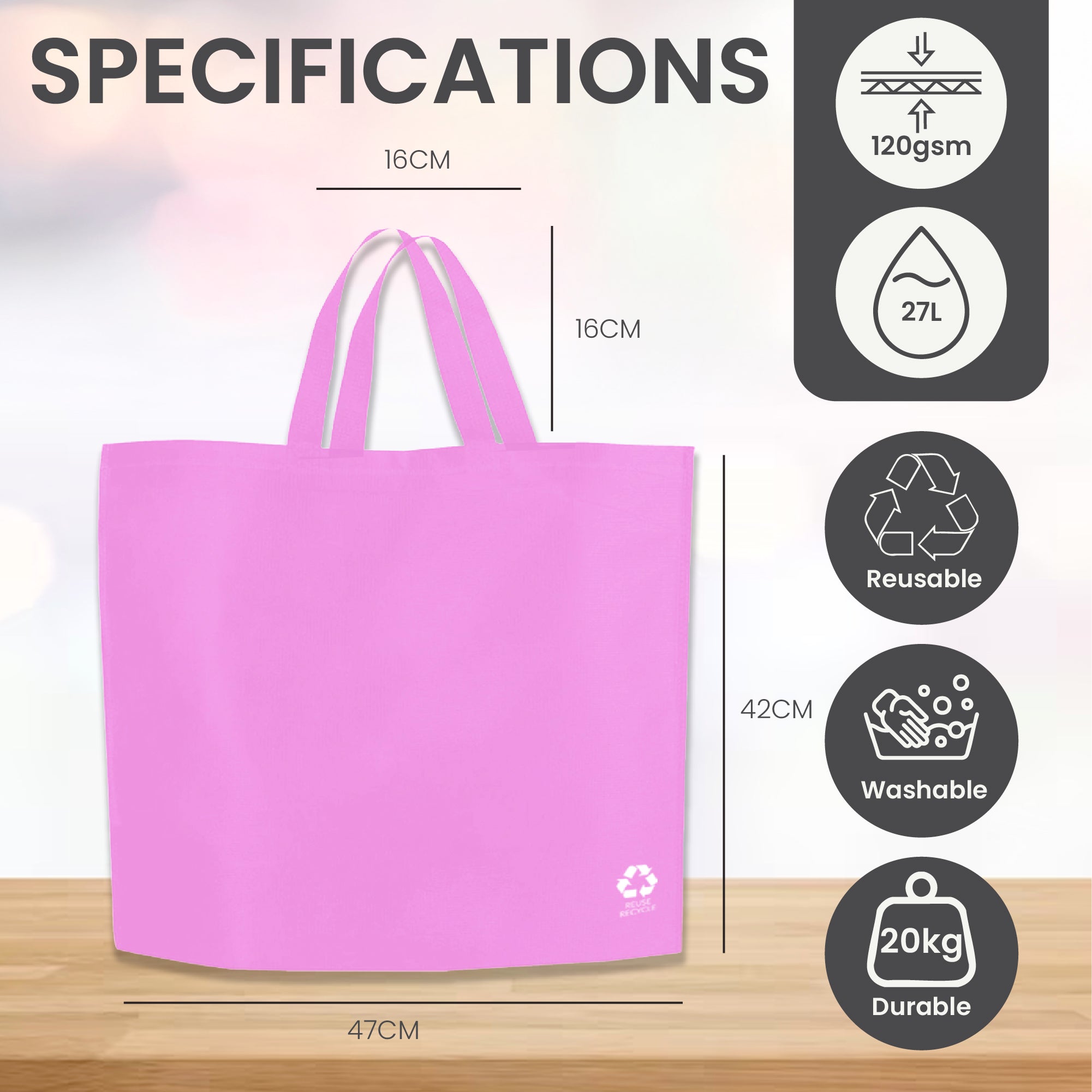 Pink Reusable Non-Woven Shopping Bag | 70GSM, 27L