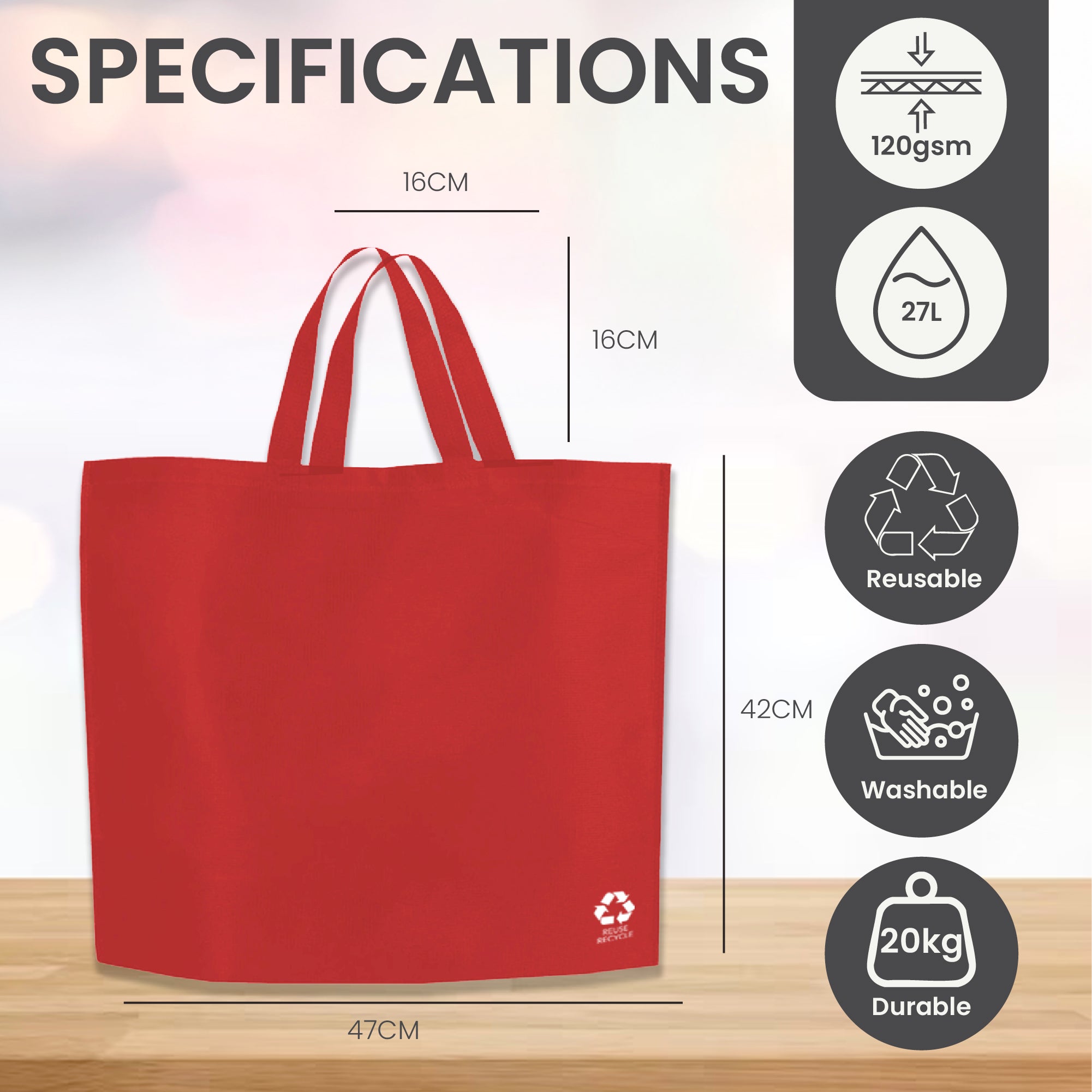 Red Reusable Non-Woven Shopping Bag | 70GSM, 27L