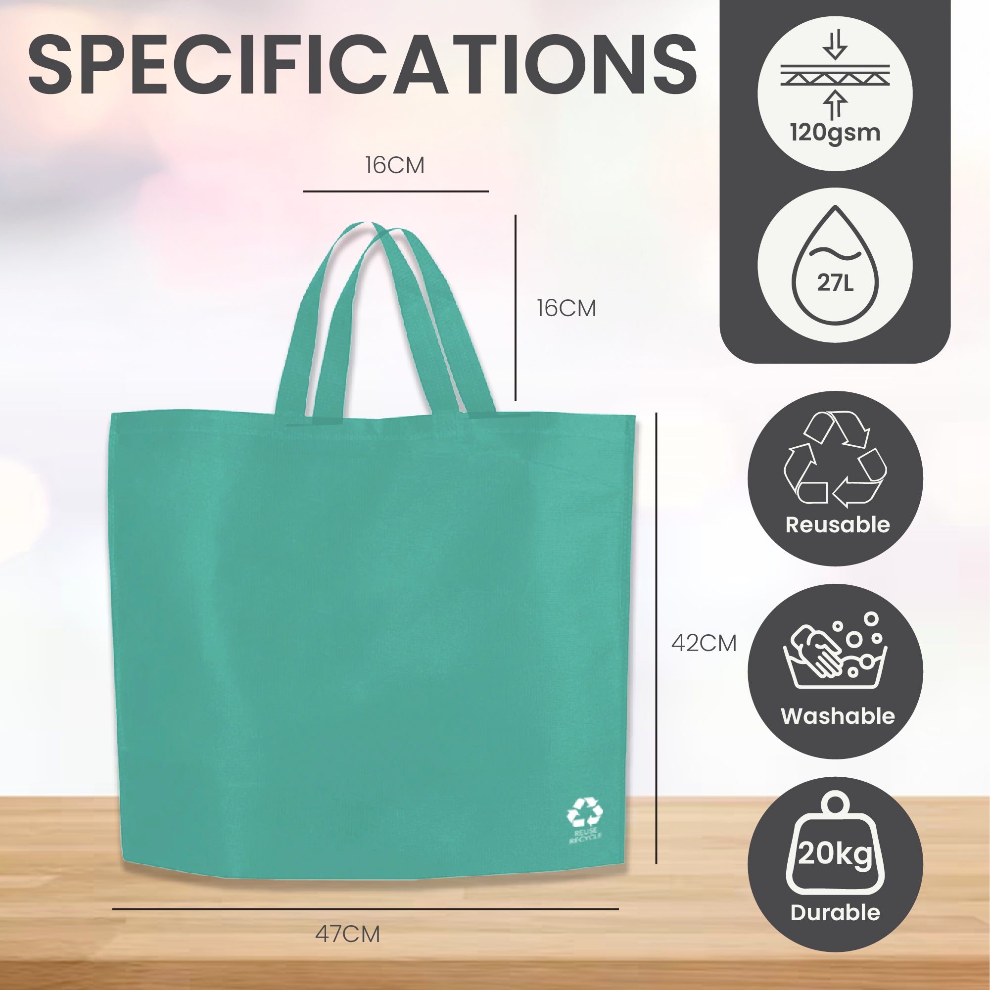 Turquoise Reusable Non-Woven Shopping Bag | 70GSM, 28L