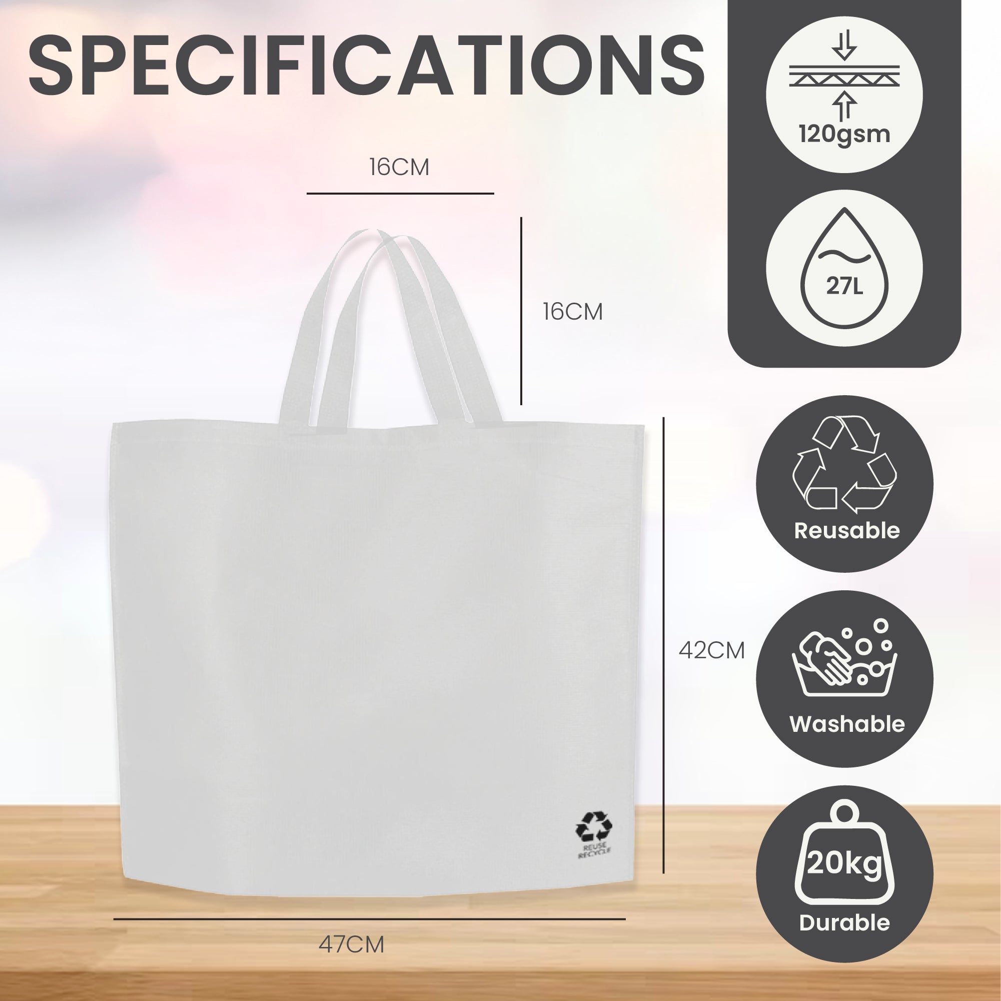 White Reusable Non-Woven Shopping Bag | 70GSM, 27L